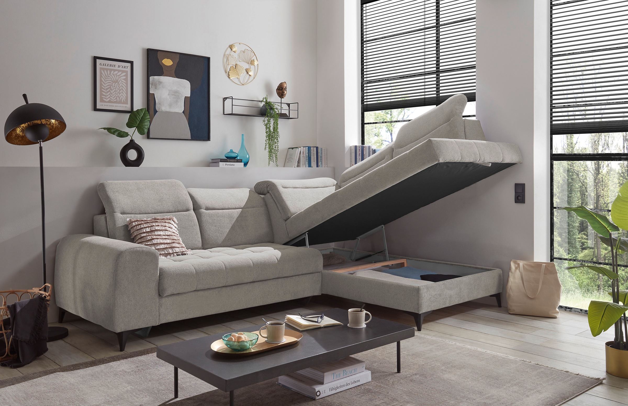 ED EXCITING DESIGN Ecksofa »Rockdale L-Form mit Bettfunktion, Bettkasten«, Kopfteilverstellung, Sitztiefenverstellung & USB-Port