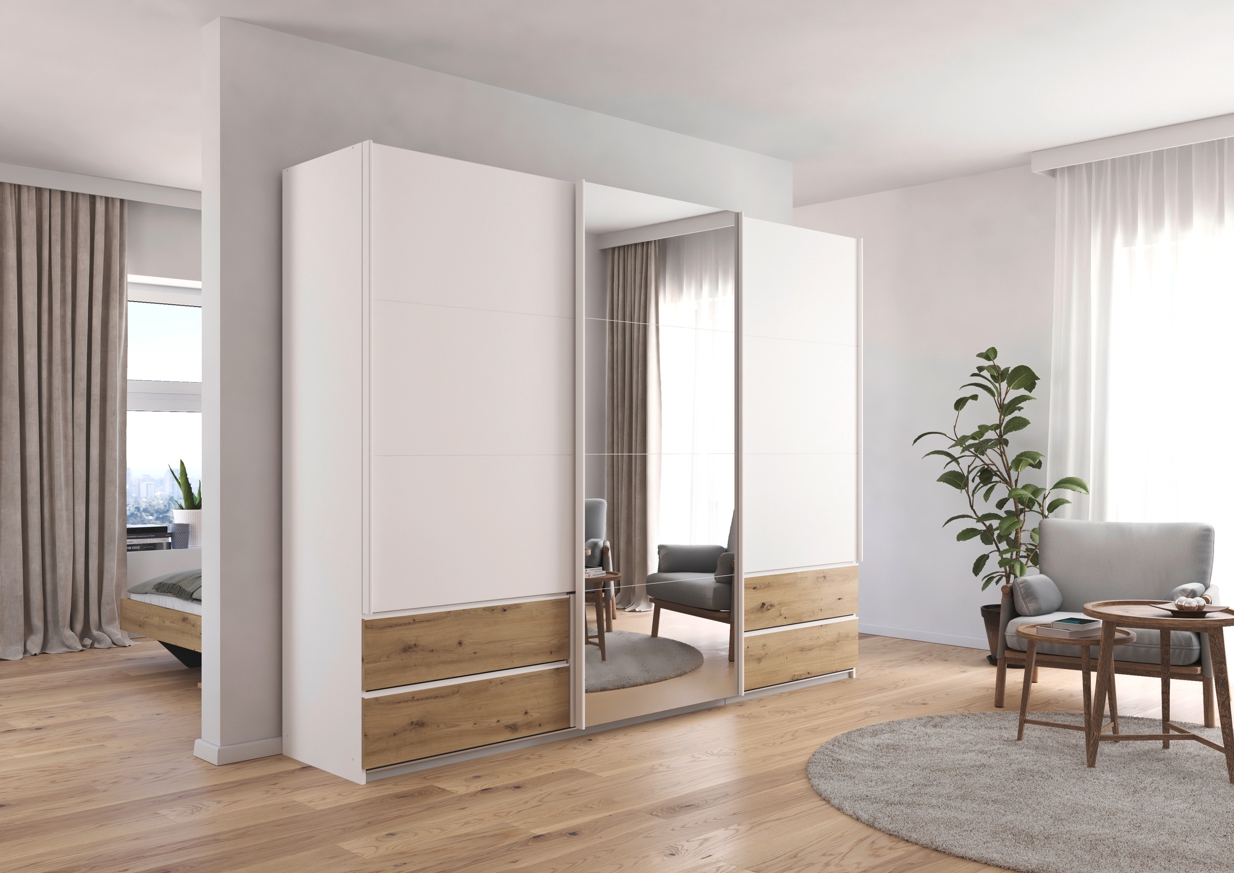 rauch Schwebetürenschrank »Kleiderschrank Schrank Garderobe Wäscheschrank ELARA mit Spiegel«, praktische Schubladen optional farblich abgesetzt MADE IN GERMANY