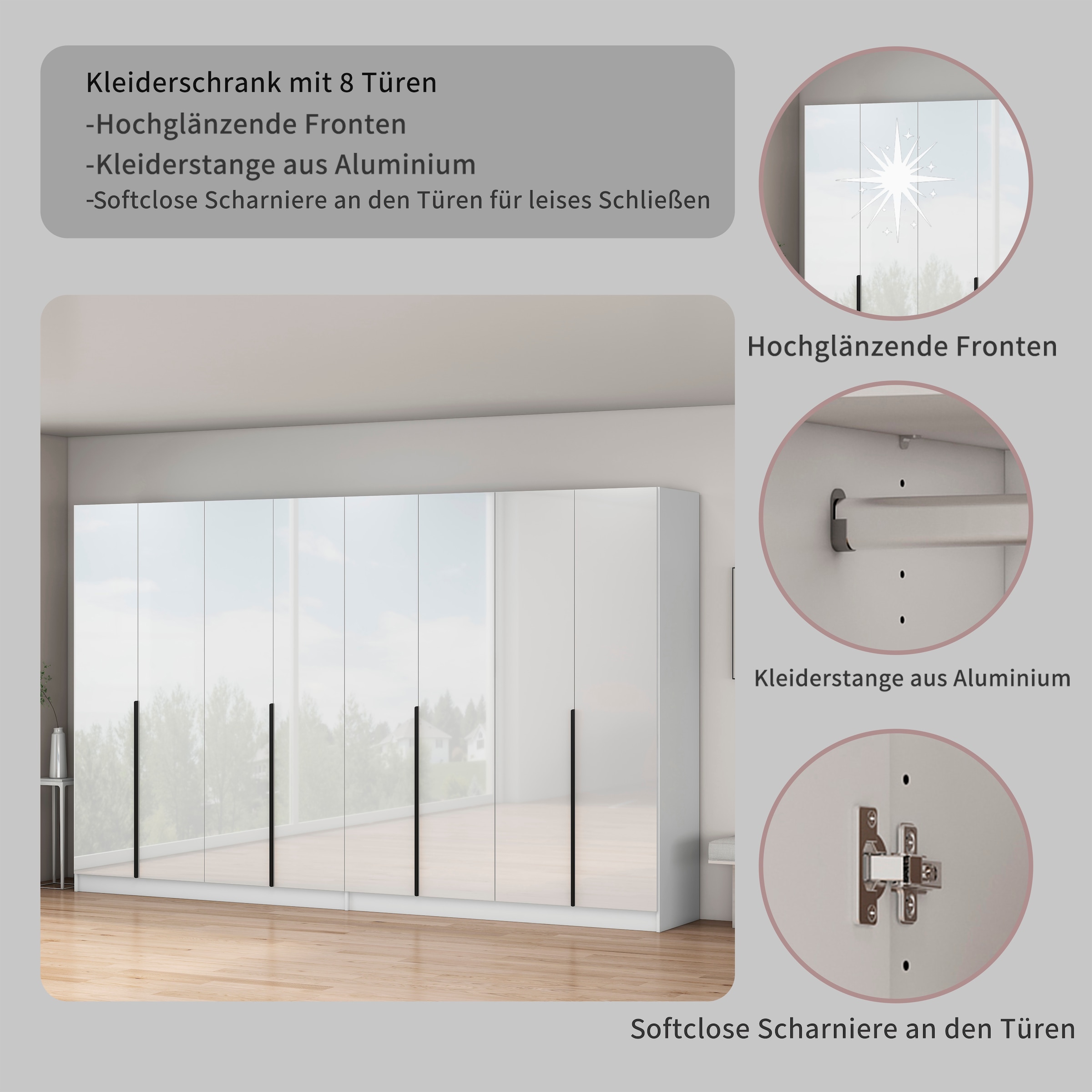 OTTO home Kleiderschrank »Annor Schlafzimmerschrank Breite 323 cm hochglanz Schrank Garderobe« Drehtürenschrank mit perfekter Innenausstattung - elegante Türgriffe