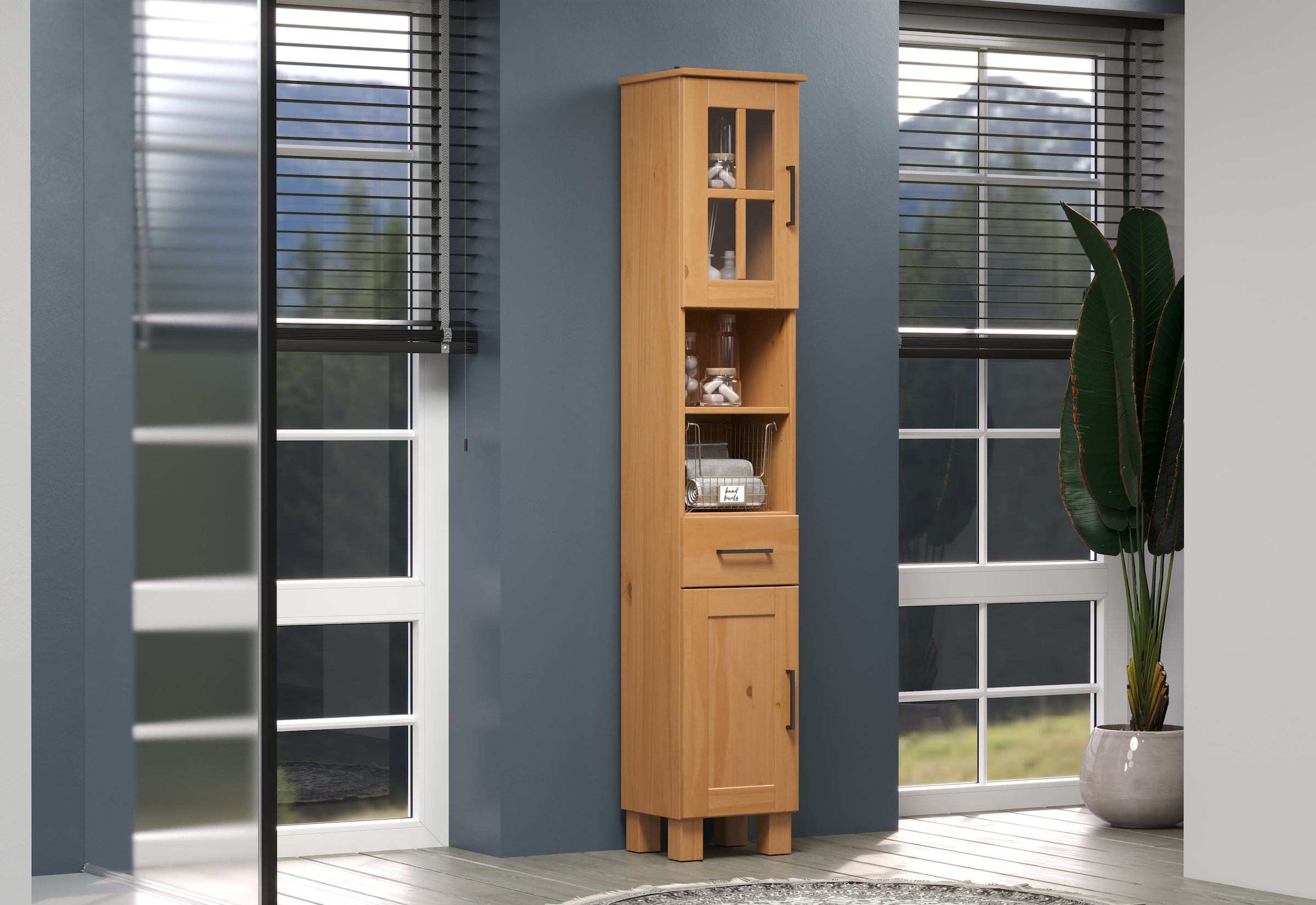 welltime Hochschrank »Ulea« 1 Stk. tlg. Badschrank aus Massivholz mit Schubkasten - Maße (B/T/H) 33/30/180 cm