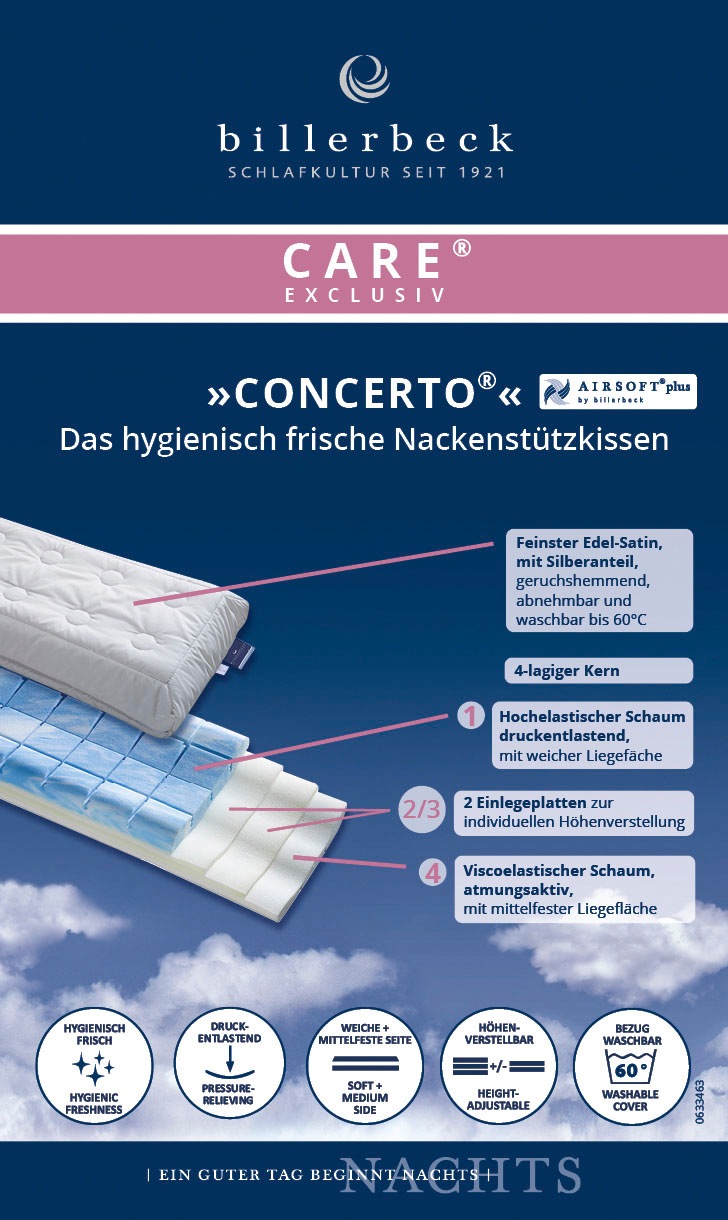 billerbeck Nackenstützkissen »Concerto, Kissen 40x80cm«, Füllung: hydrophiler Schaum VILAX HS, Bezug: Superfeiner Edel-Satin (100% Baumwolle), hydrophil, versteppt mit AIRSOFT®plus (90% Polyester-Hohlfaser, 10% Lyocell mit Silberanteil), (1 St.)