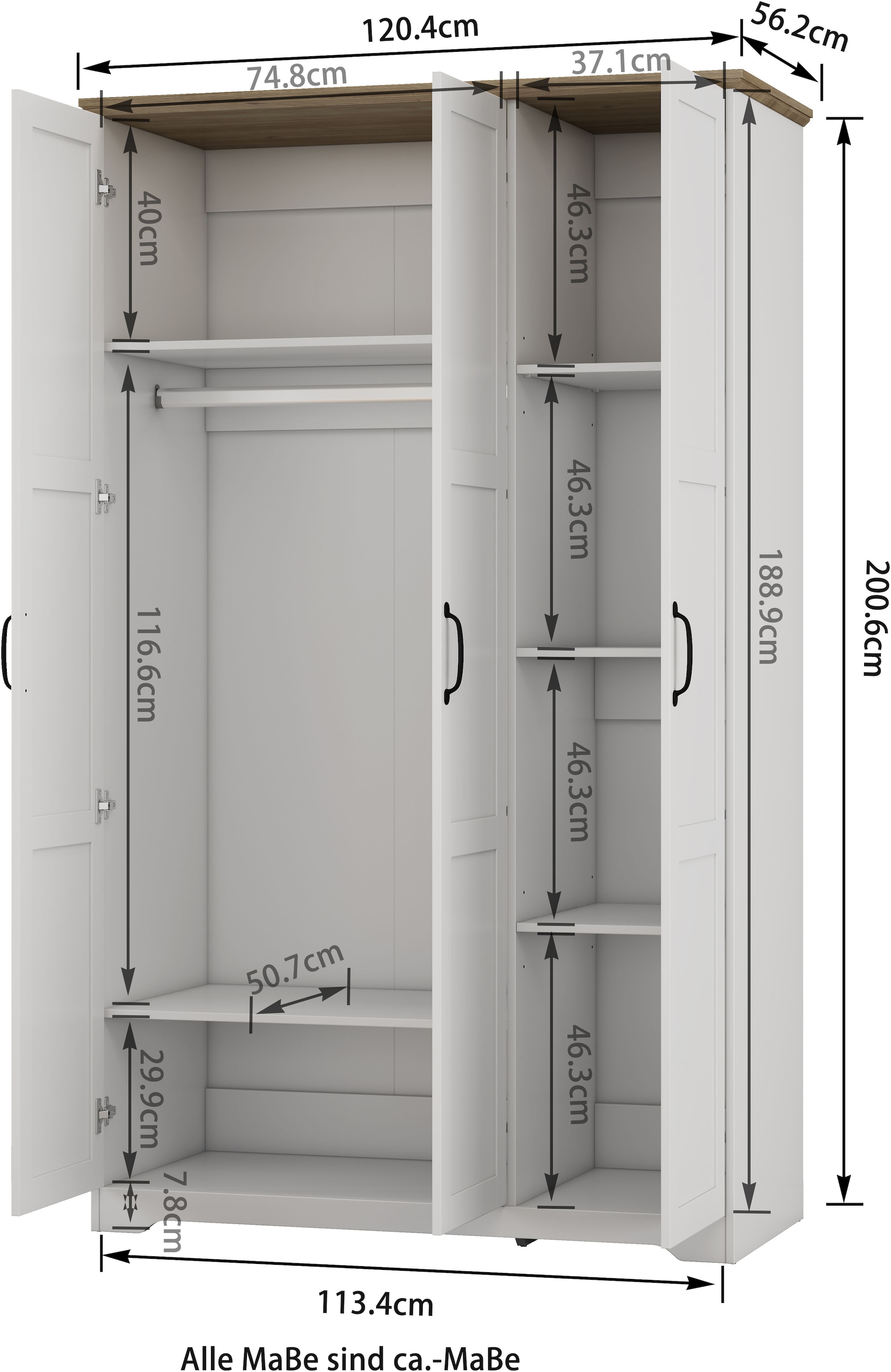 OTTO home Kleiderschrank »Emmilia Schrank Schlafzimmerschrank im Landhaus Design« Mit vielen Einlegeböden und Softclose,  Landhaus Schrank mit  3 Türen Breite 113,4cm, Höhe 2m