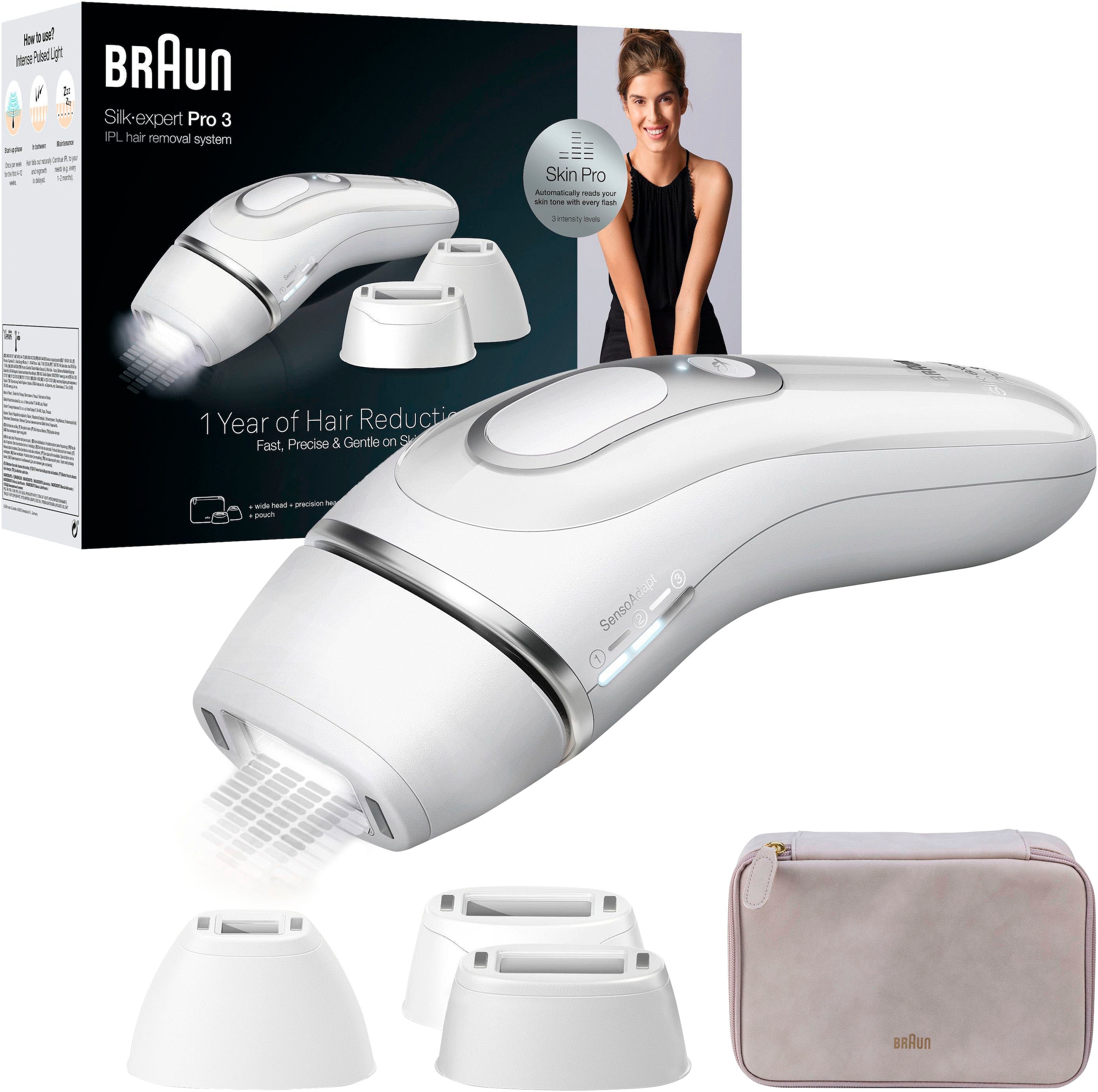 BRAUN IPL-Haarentferner »Silk·expert Pro 3 PL3230« pro Minute bis zu 100 Lichtimpulse 3 Aufsätze, mit Aufbewahrungstasche weiß/silber Inhalt:...