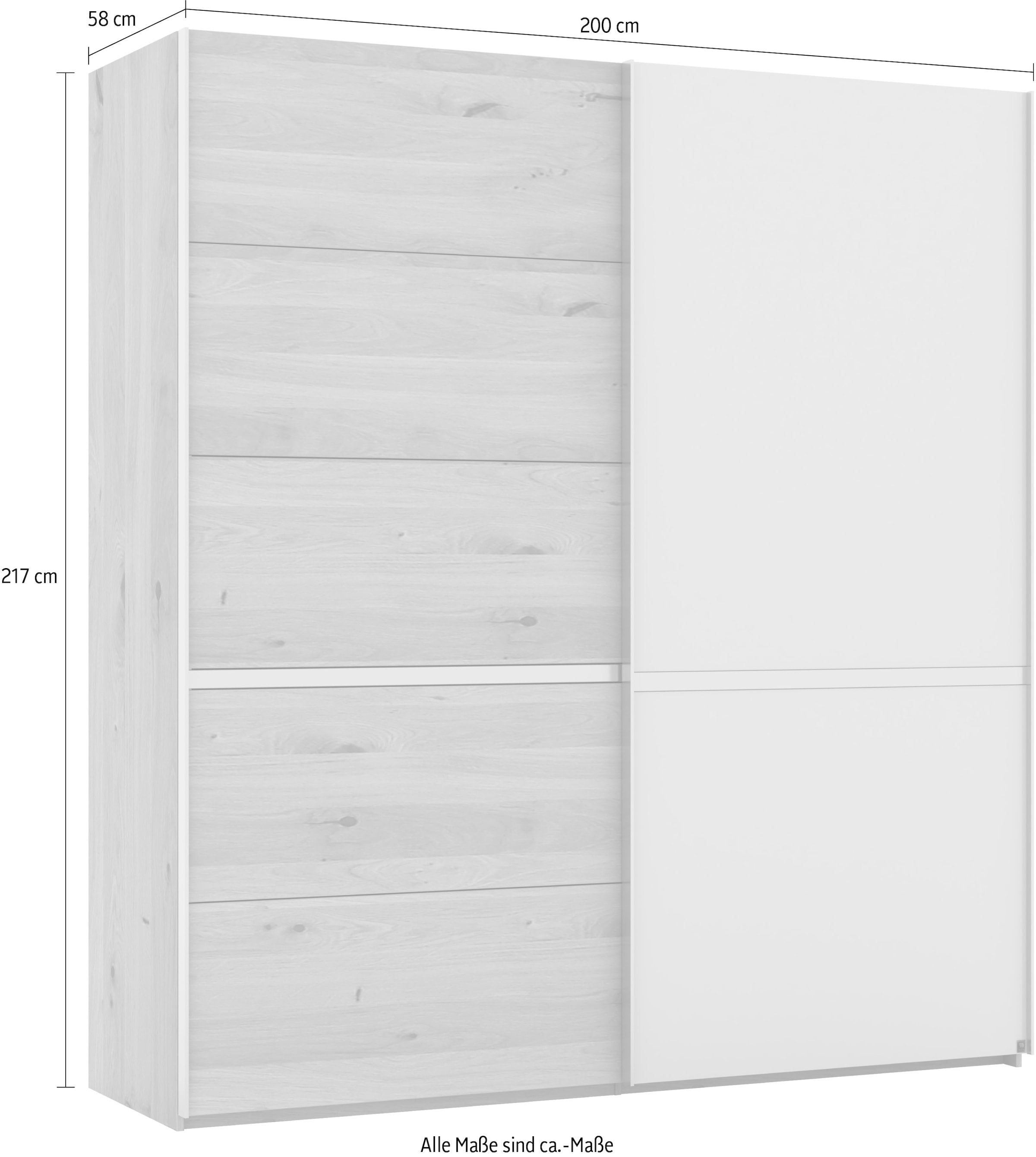 Musterring Schwebetürenschrank »Savona, Kleiderschrank, Schrank, Garderobe, mit Schiebetüren«, (Teilmassiv Bianco-Eiche, mit Spiegel oder Glas, MADE IN GERMANY), Türen Bianco-Eiche massiv, Spiegel-/Glastüren, eingelegte Chromleiste