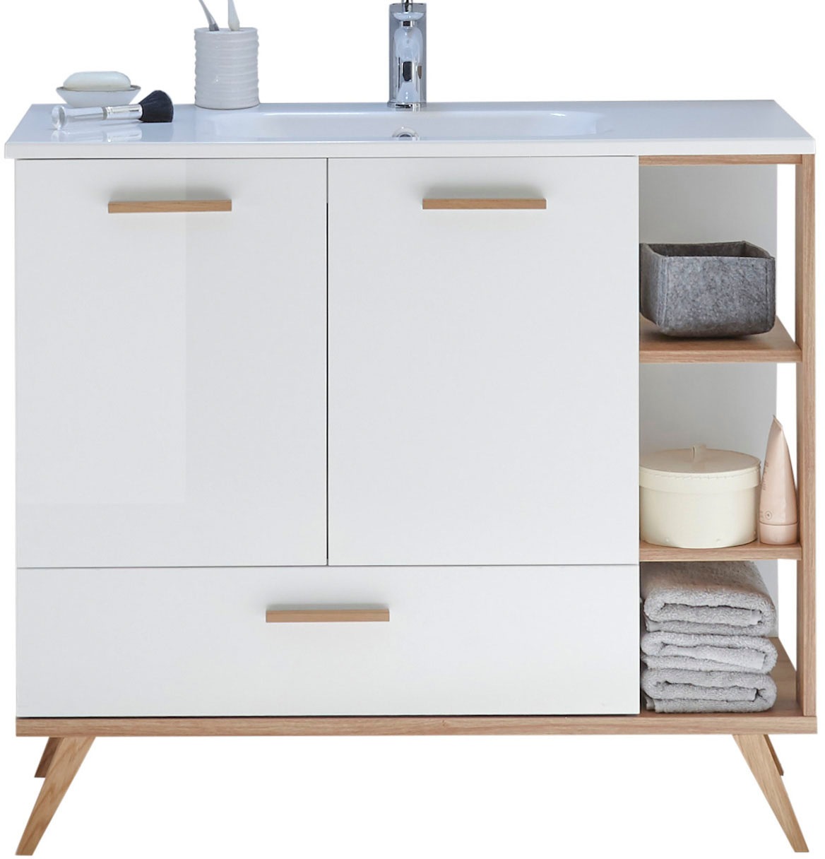 Saphir Badmöbel-Set »Quickset Mineralmarmor-Waschtisch mit LED-Spiegelschrank«, (2 St.), Waschplatz 115 cm breit, 5 Türen, 1 Schublade, inkl. Türdämpfer