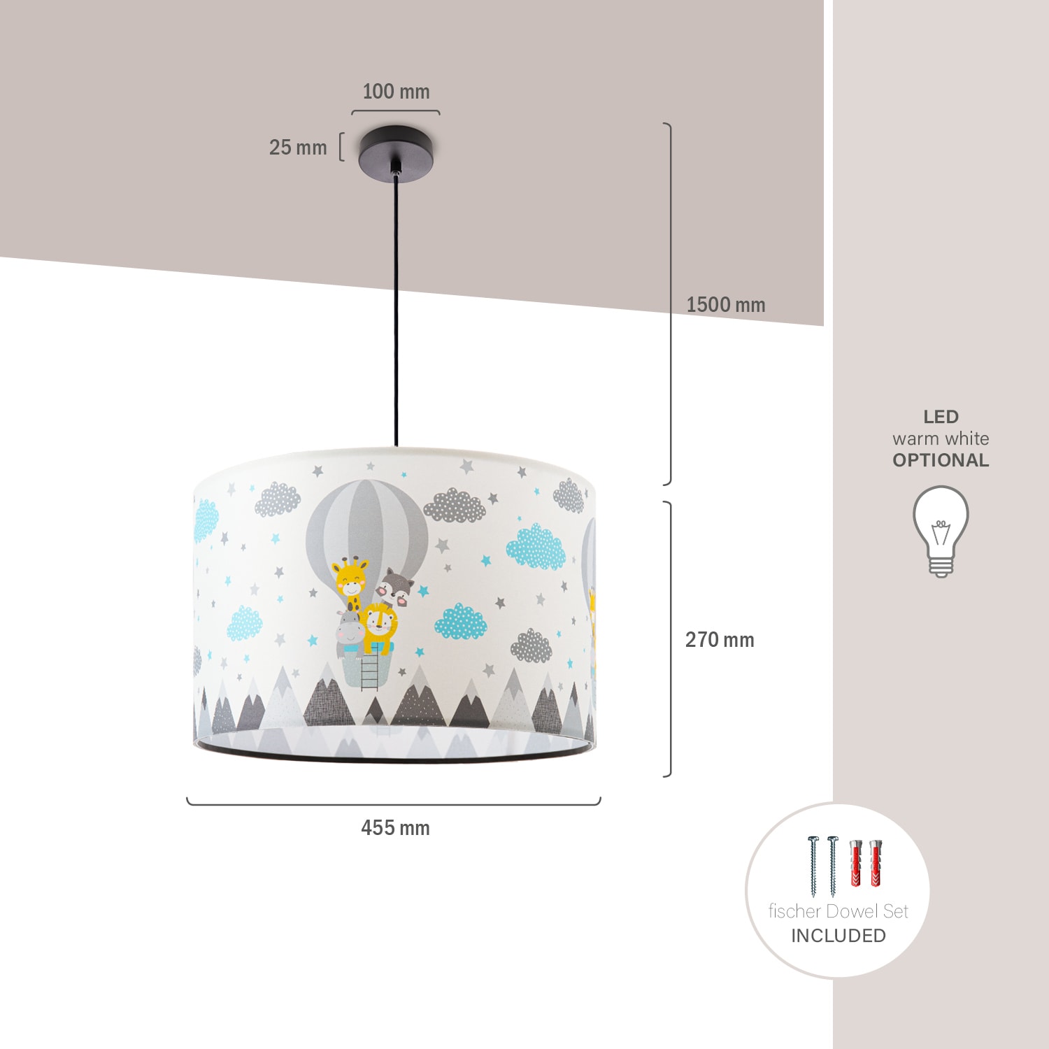 Paco Home Pendelleuchte »Cosmo 343«, 1 flammig, Leuchtmittel E27 | ohne Leuchtmittel, Lampe Kinderzimmer Deckenlampe Heißluftballon Wolken Tiere Zoo E27