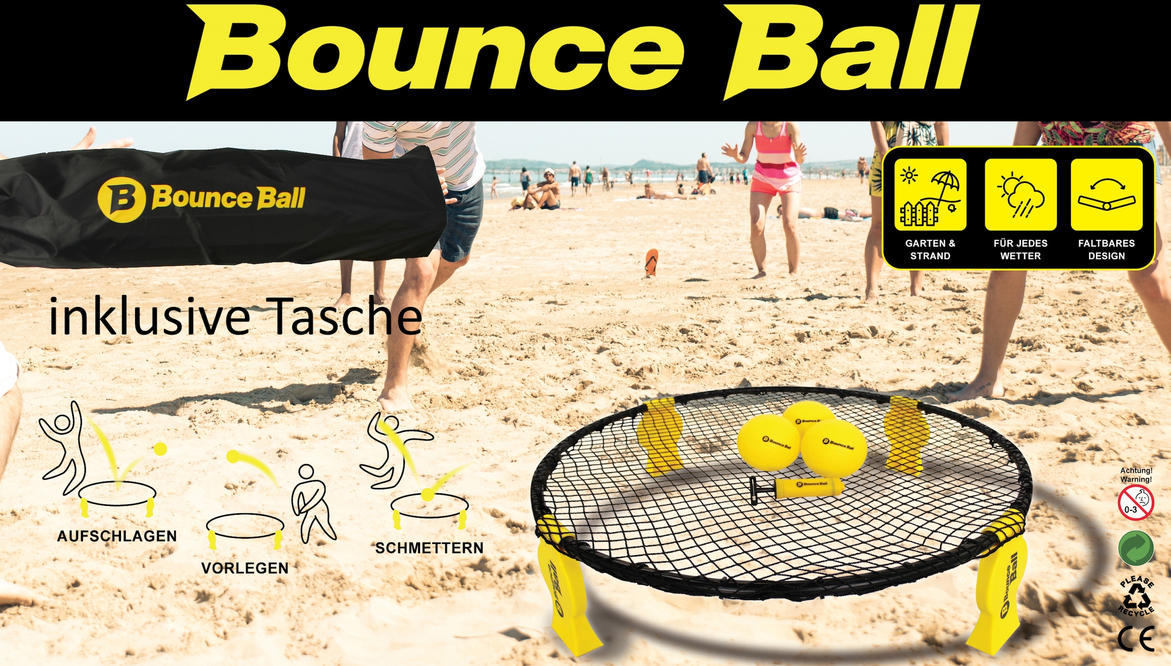 L.A. Sports Trampolinnetz »Bounce Ball Deluxe Set«, (Set, 8 St., Rundnetz, Tragetasche, 3 Spielbälle, Ballpumpe, Anleitung)