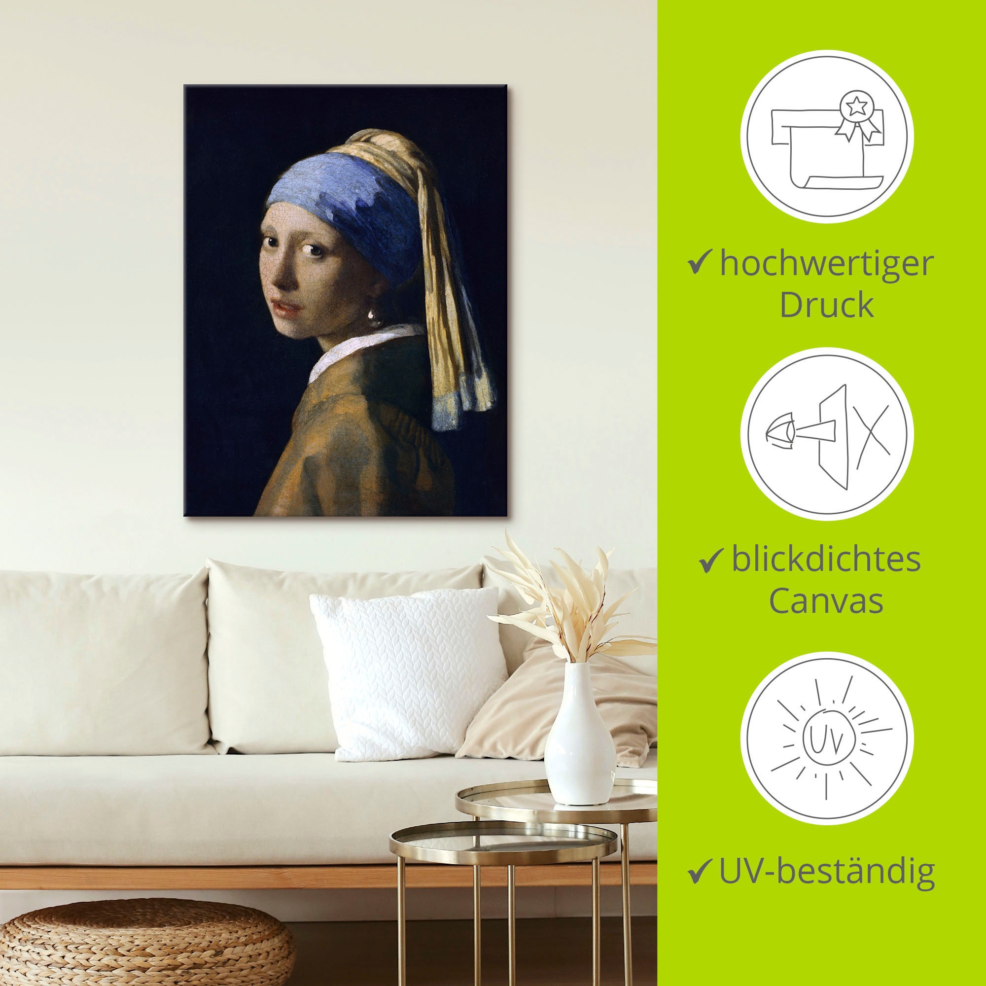 Artland Wandbild »Das Mädchen mit dem Perlenohrgehänge«, Frau, (1 St.), als Leinwandbild, Poster, Wandaufkleber in verschied. Größen