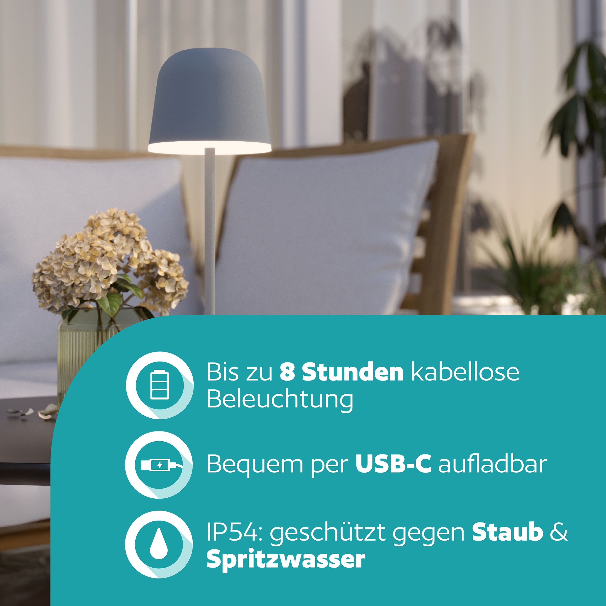 EGLO Tischleuchte »MANNERA« LED-Modul 1 Stk. Warmweiß Nachttischlampe Touch dimmbar, kabellos, Tischleuchte, USB-Port, IP54