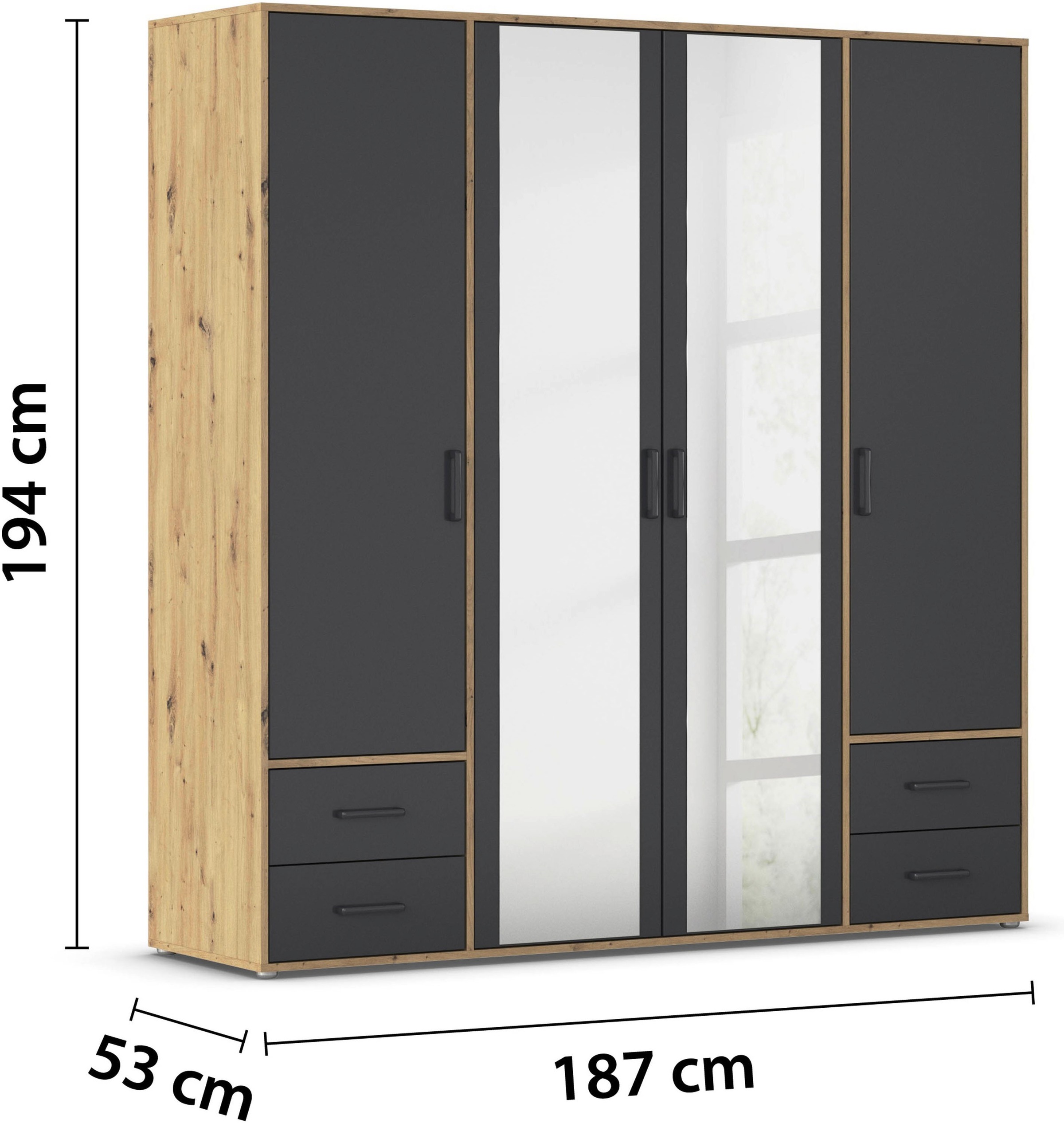 rauch Drehtürenschrank »Kleiderschrank Schrank Garderobe Wäscheschrank VOYAGER«, (in 3 verschiedenen Ausstattungen BASIC/CLASSIC/PREMIUM), mit modernen Griffen in Graumetallic, inkl. Schubkästen und Spiegel