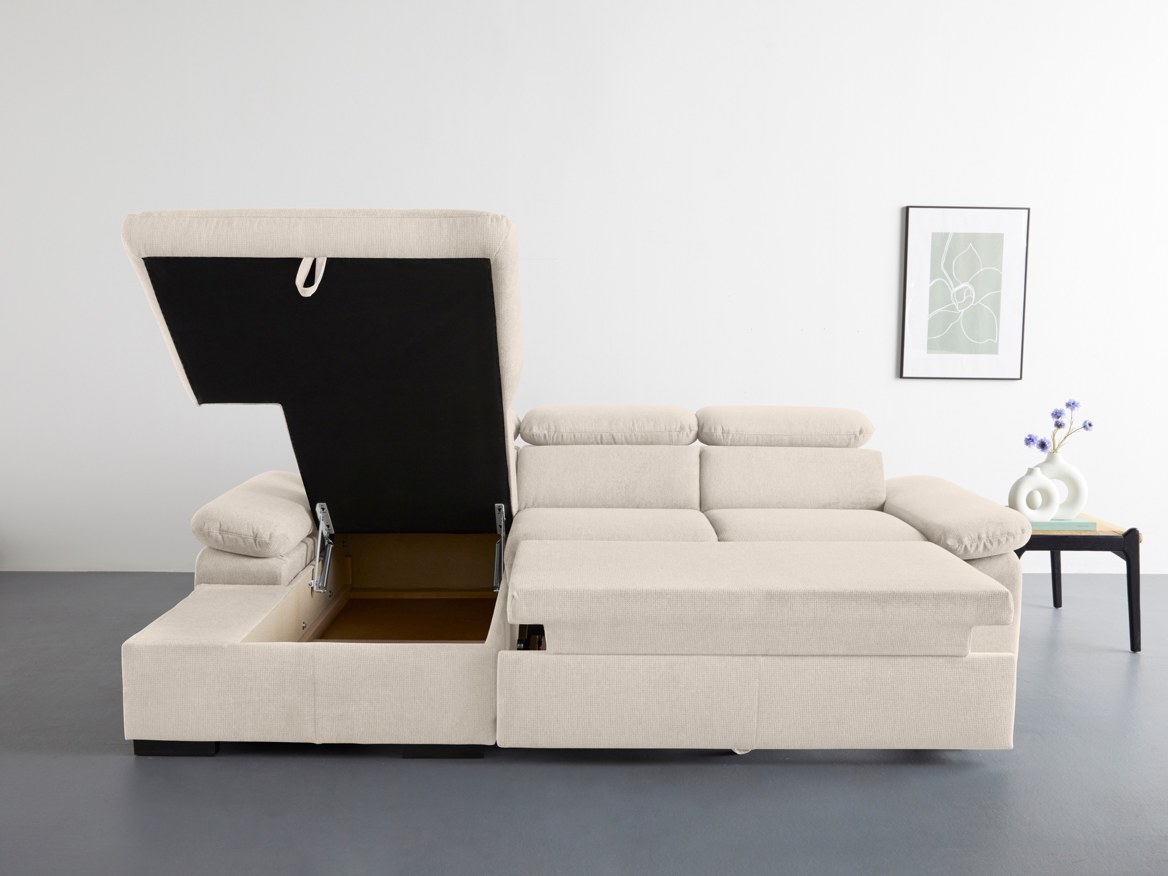 COTTA Ecksofa »Lola L-Form mit Kopfteilfunktion & Hocker«, (Set, mit Hocker), wahlweise mit Bettfunktion, Bettkasten & Armteilverstellung