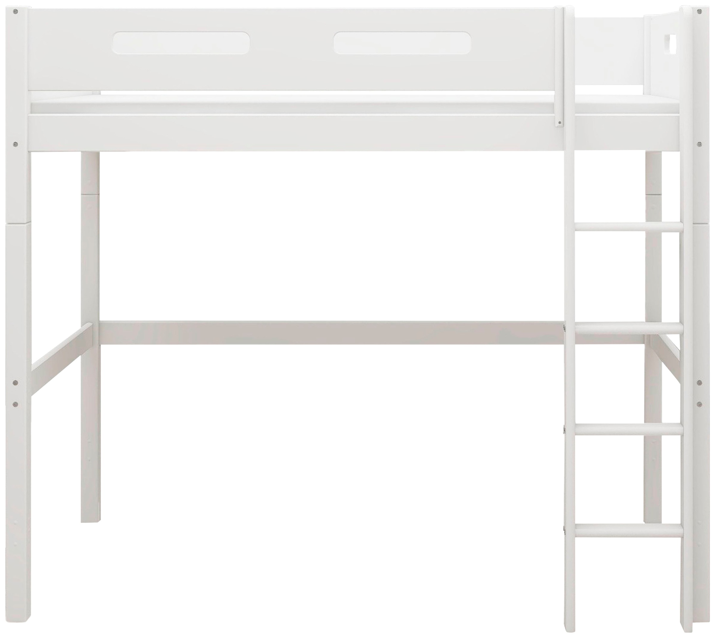 Hochbett “ Nordic“, produziert by Flexa,Umbaubar in Einzelbett, incl Rollrost, weiß Breite Absturzsicherung vorne in MDF