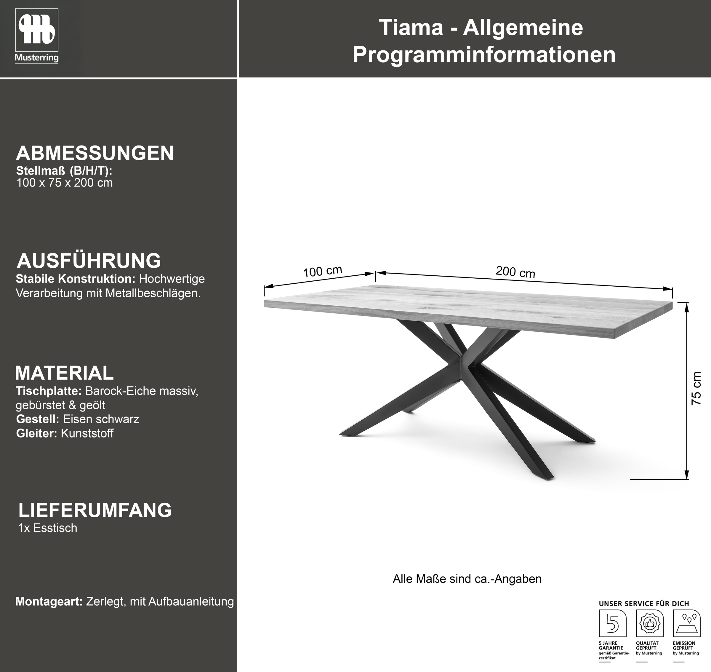 Musterring Esstisch »Tiama«, mit fester Platte in Barock-Eiche massiv, 40mm, Eisengestell schwarz