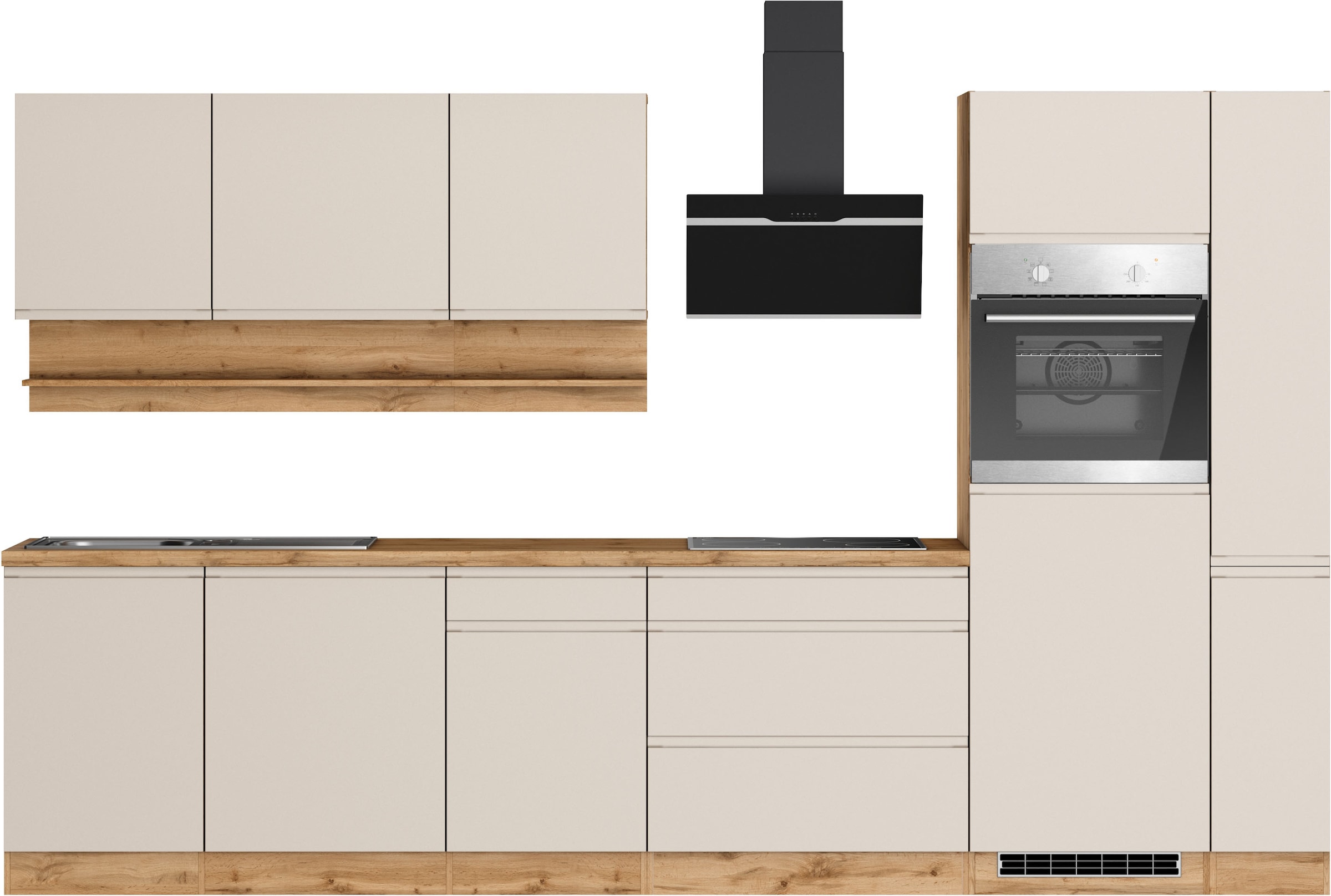 KOCHSTATION Küchenzeile »KS-Virginia,neu in verbesserter Ausführung« Arbeitsplatte 38 mm stark, Stauraum, Softclose,  Breite 330 cm, Soft-Close, ohne E-Geräte