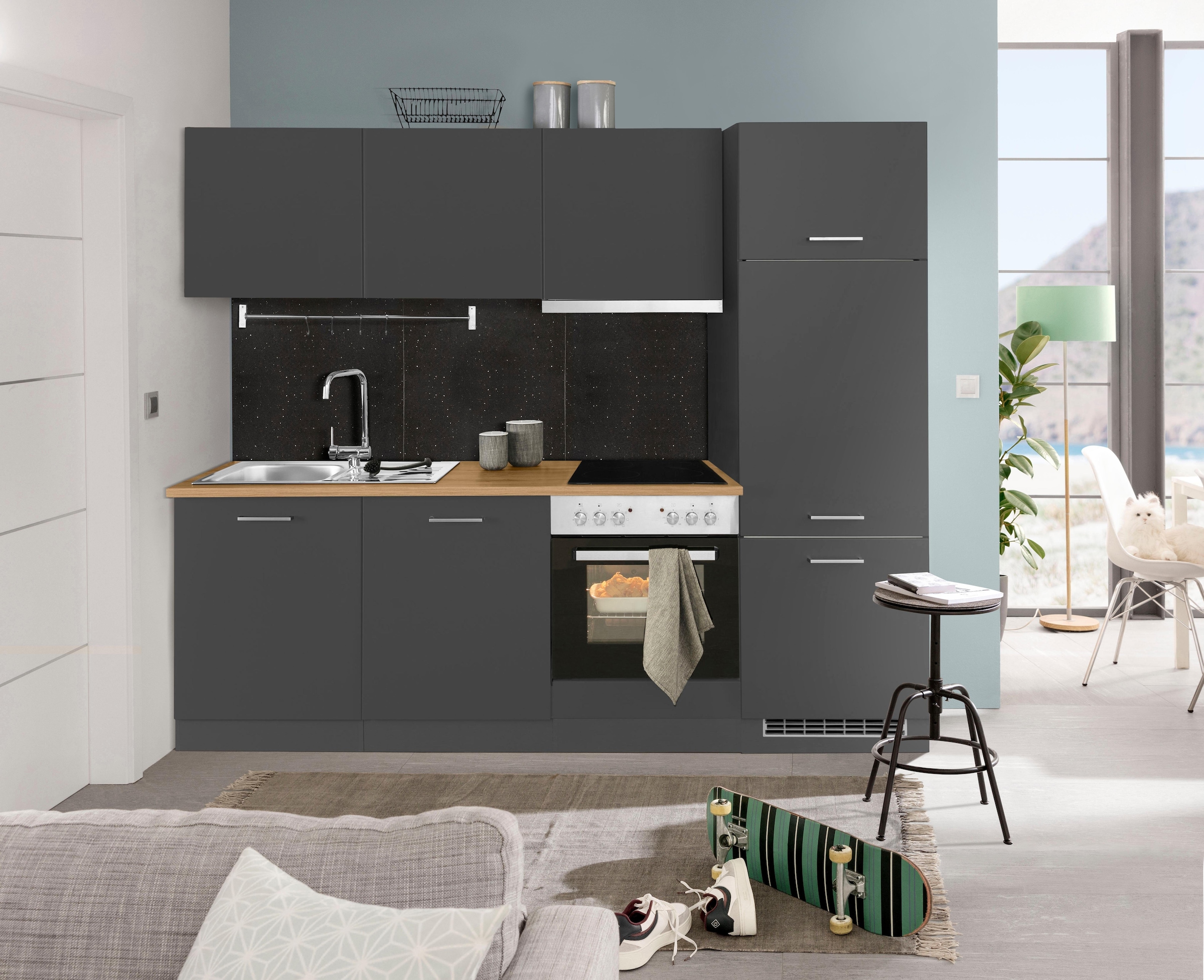 KOCHSTATION Küchenzeile »KS-Kehl«, mit E-Geräten, Breite 240 cm, inkl. Kühlschrank