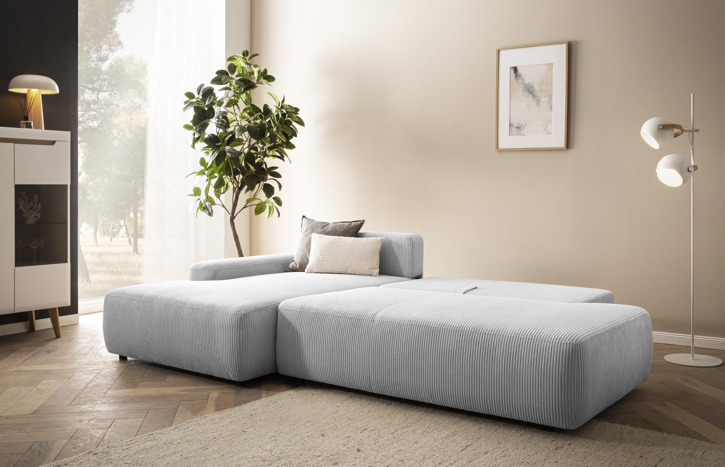 INOSIGN Ecksofa »TORGE, Schlafsofa Cord, Samtvelours u. Strukur fein, Couch in L-Form«, Schlaffunktion und Bettkasten, Liegefläche: 210x125 cm, neues Design