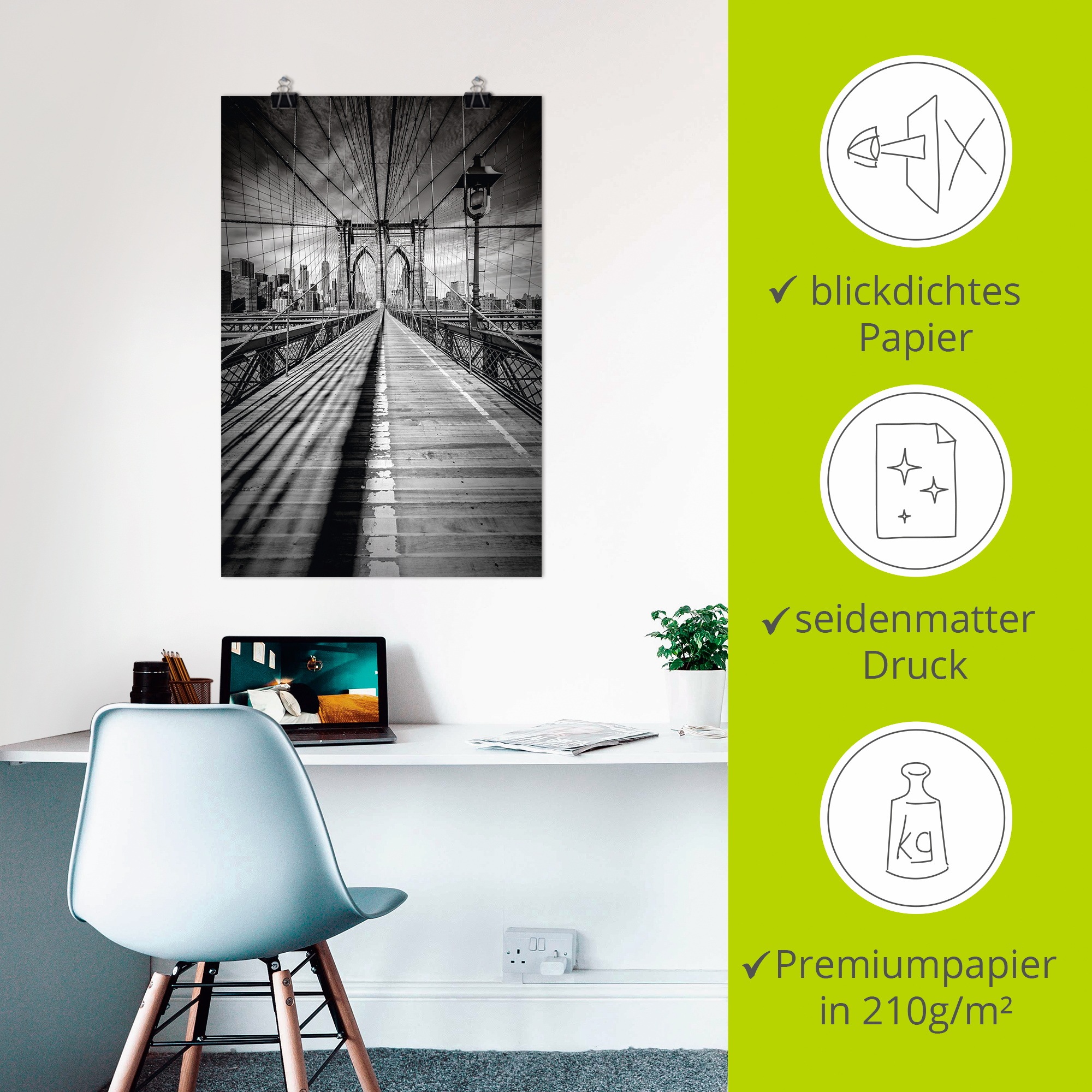 Artland Wandbild »Brooklyn Bridge, New York City Monochrom«, New York, (1 St.), als Leinwandbild, Poster in verschied. Größen
