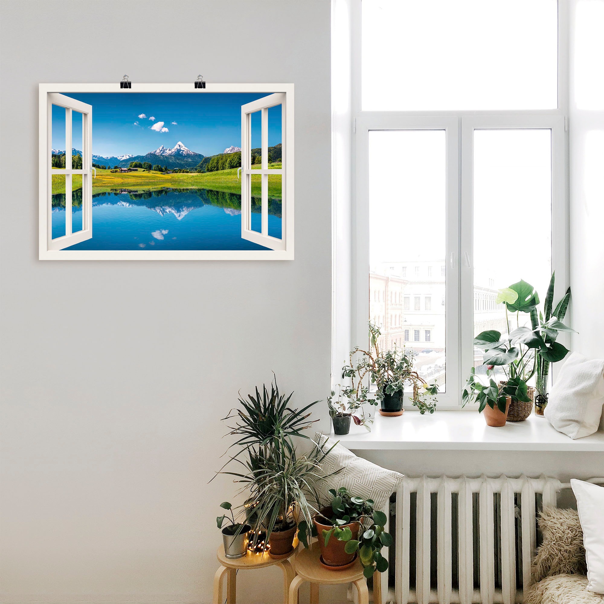 Artland Wandbild »Fensterblick Alpen und Bergsee« Berge 1 Stk. tlg. als Leinwandbild, Poster in verschied. Größen