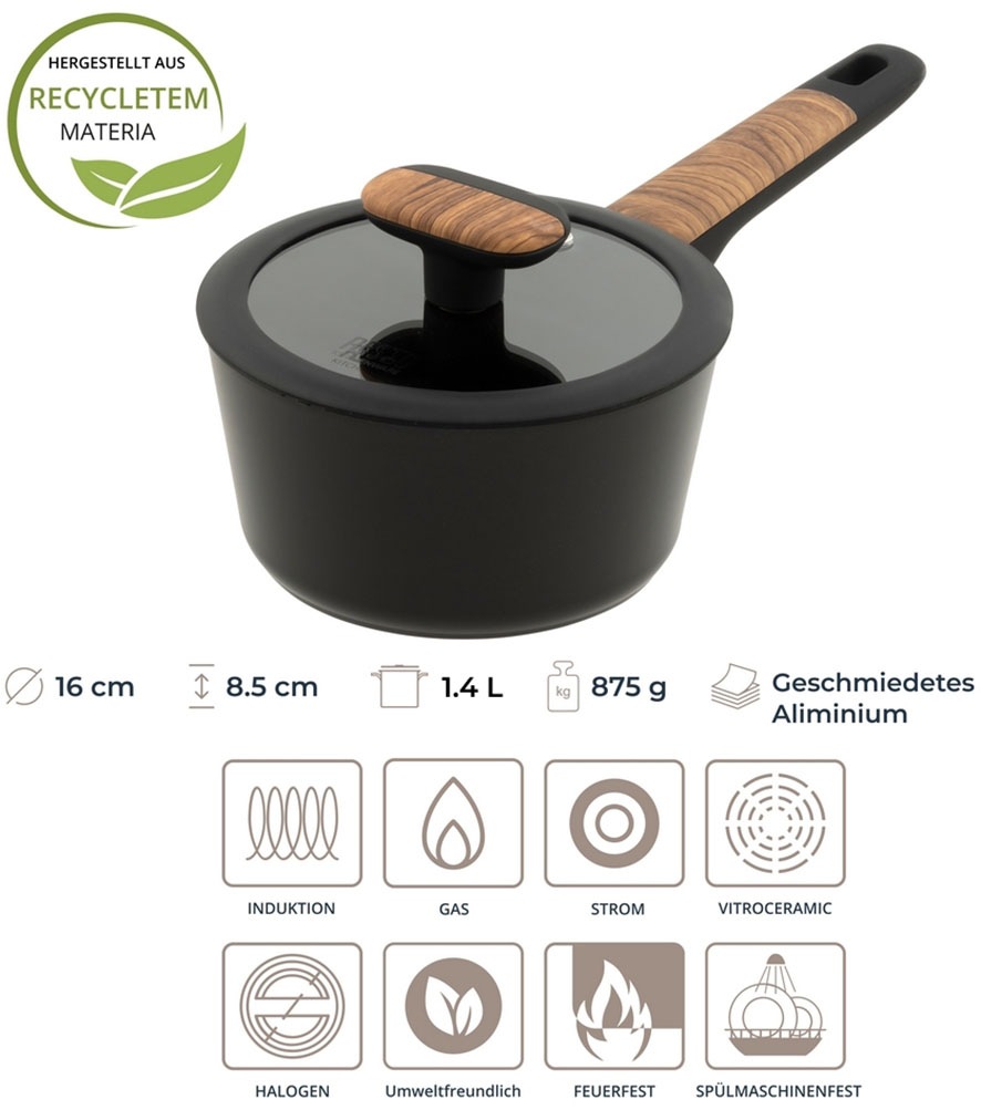 RESTO Kitchenware Kasserolle »Mon, Topf 1,4 l, antihaftbeschichtet und spülmaschinenfest«, Aluminium, (2 tlg.), mit Glasdeckel und stoßdämpfendem Silikonrand, im Geschenkkarton