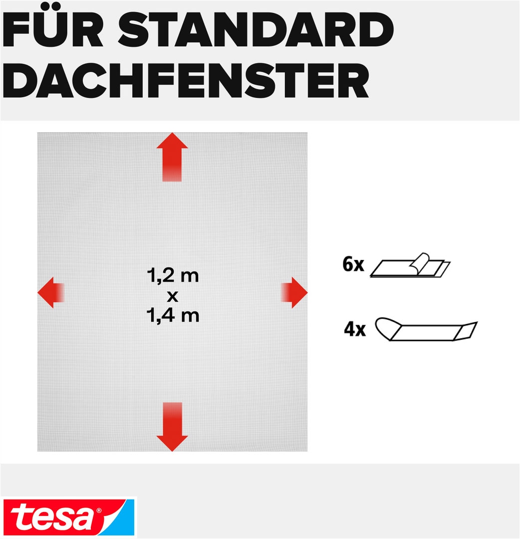 tesa Fliegengitter-Gewebe »2-in-1 Sonnenschutz- und Fliegengitter für Dachfenster Premium« Packung, Fliegennetz, Klettband, Andrück und Schneidehilfe, 1 Stk. tlg. inkl. selbstklebendes Klettband