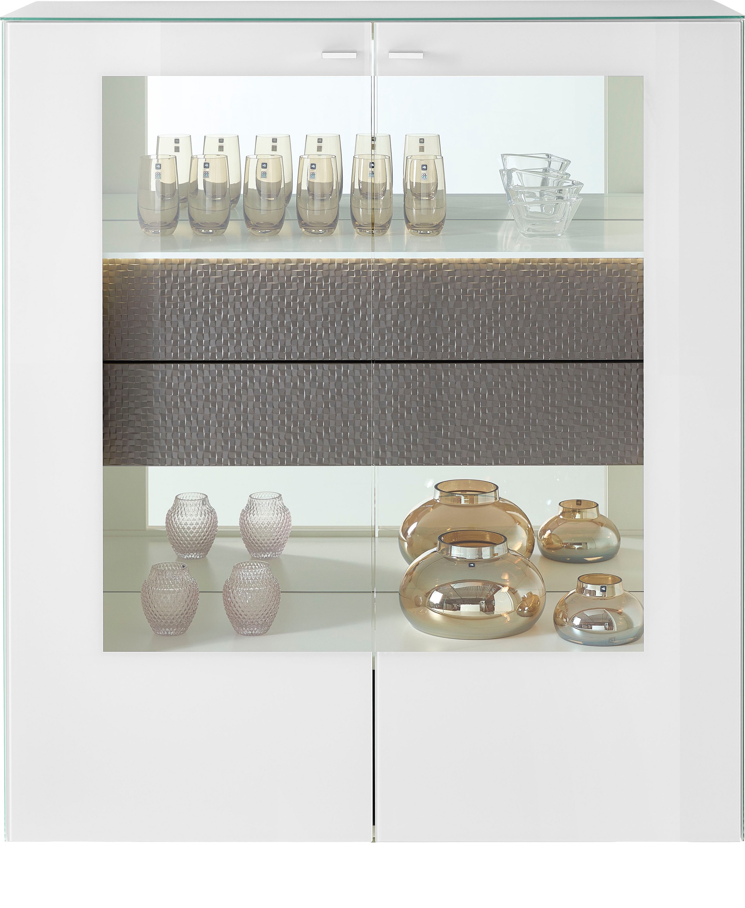 LEONARDO Highboard »AUREA« mit Pailletten-Akzent, wahlweise mit Beleuchtung Lack weiß/Paillette silber metallic