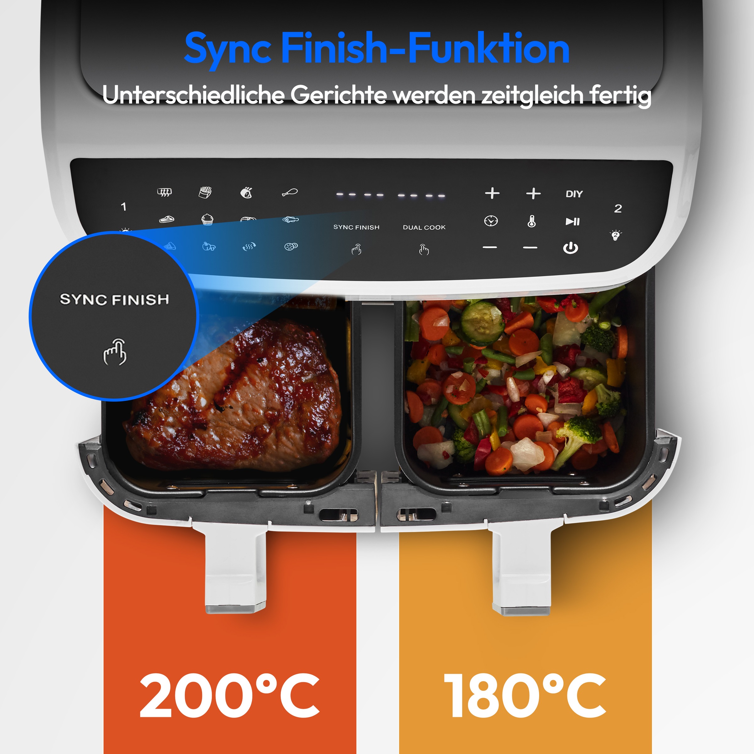 Medion® Heißluftfritteuse »P20 XL (MD 11760) 8,7 L Korbvolumen, 9 Automatikprogramme, Dual Cook«, 2400 W, Temperatur 50 - 200 °C, ILAG Beschichtung, Sync-Finish