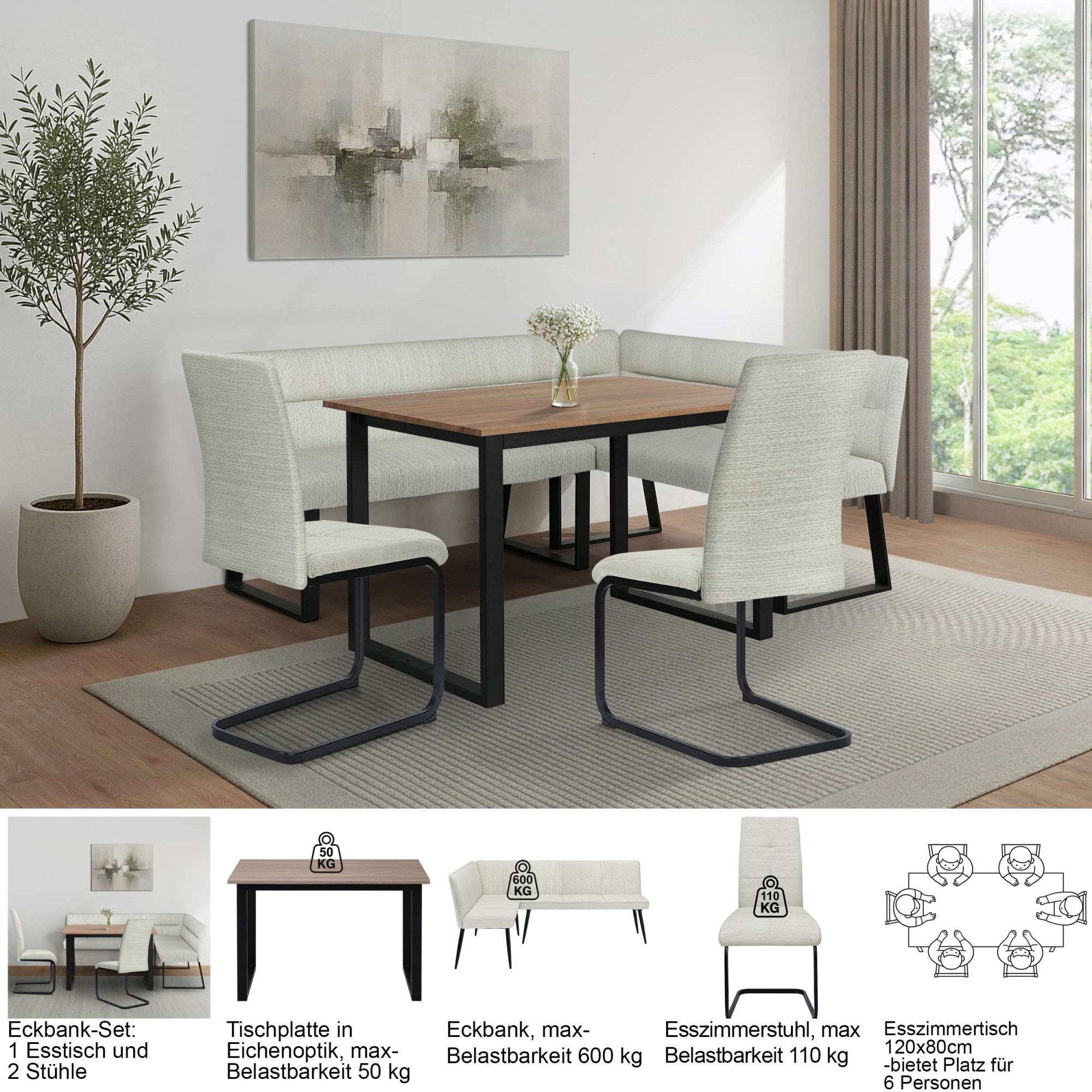 OTTO home Eckbankgruppe »Barcell/Ivanna/Calgoty« Set, Eckbankgruppe mit Tisch, Eckbank, Stühle, 4 tlg. Sitzgruppe, Eckbank und Stühle bequem gepolstert, Tisch 120x80 cm