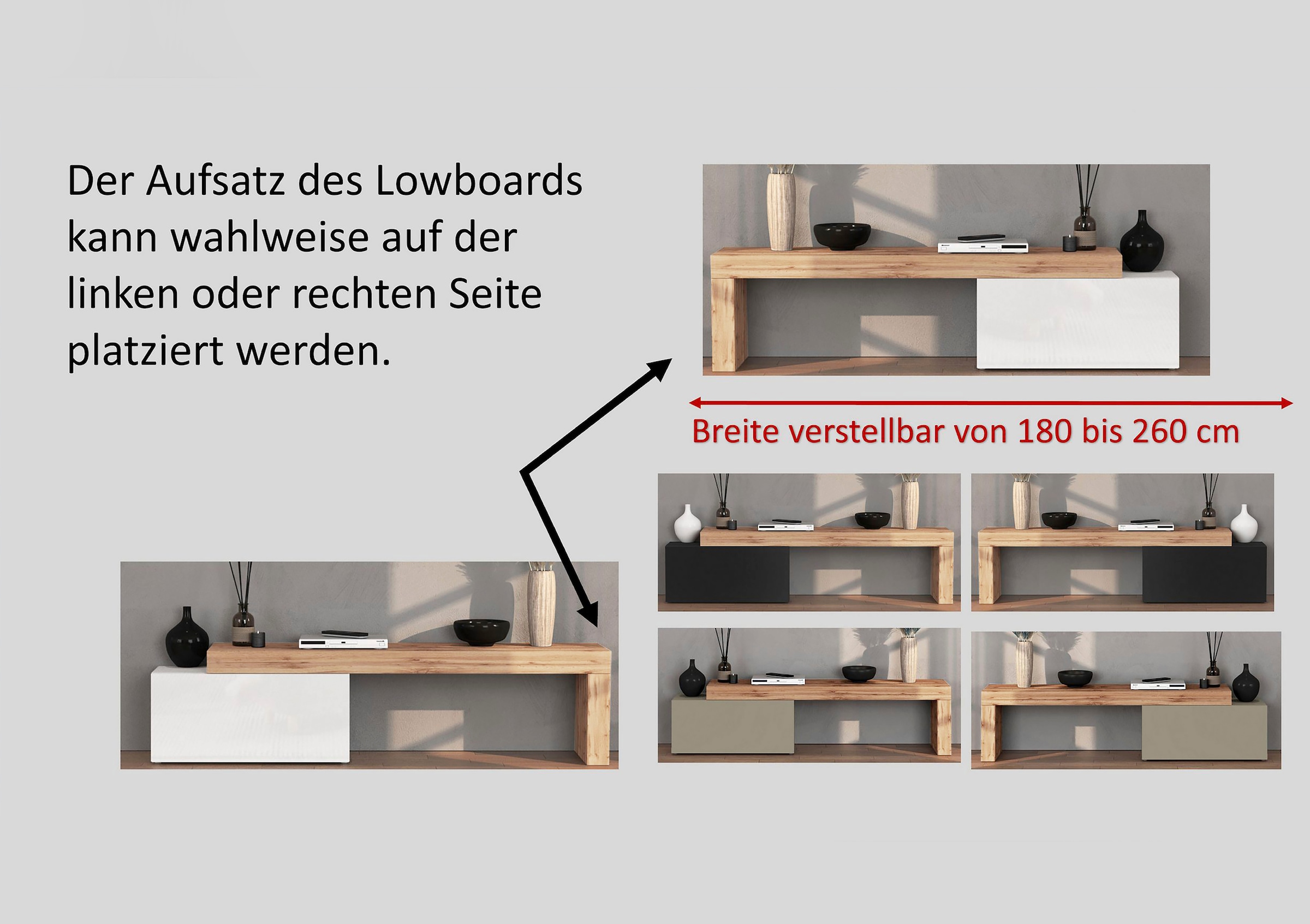 INOSIGN Lowboard »Chronos TV-Board, TV-Schrank« Breite verstellbar von 180 bis 260 cm, 1 Stk. tlg. Breite 220 cm TV-Board,Lowboard,1 Klappe und ein L-Förmiger Aufsatz