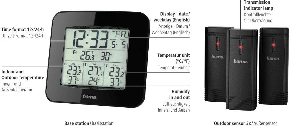 Hama Wetterstation »Wetterstation "EWS-Trio", mit drei Sensoren, Schwarz Mit 3 Sensoren«