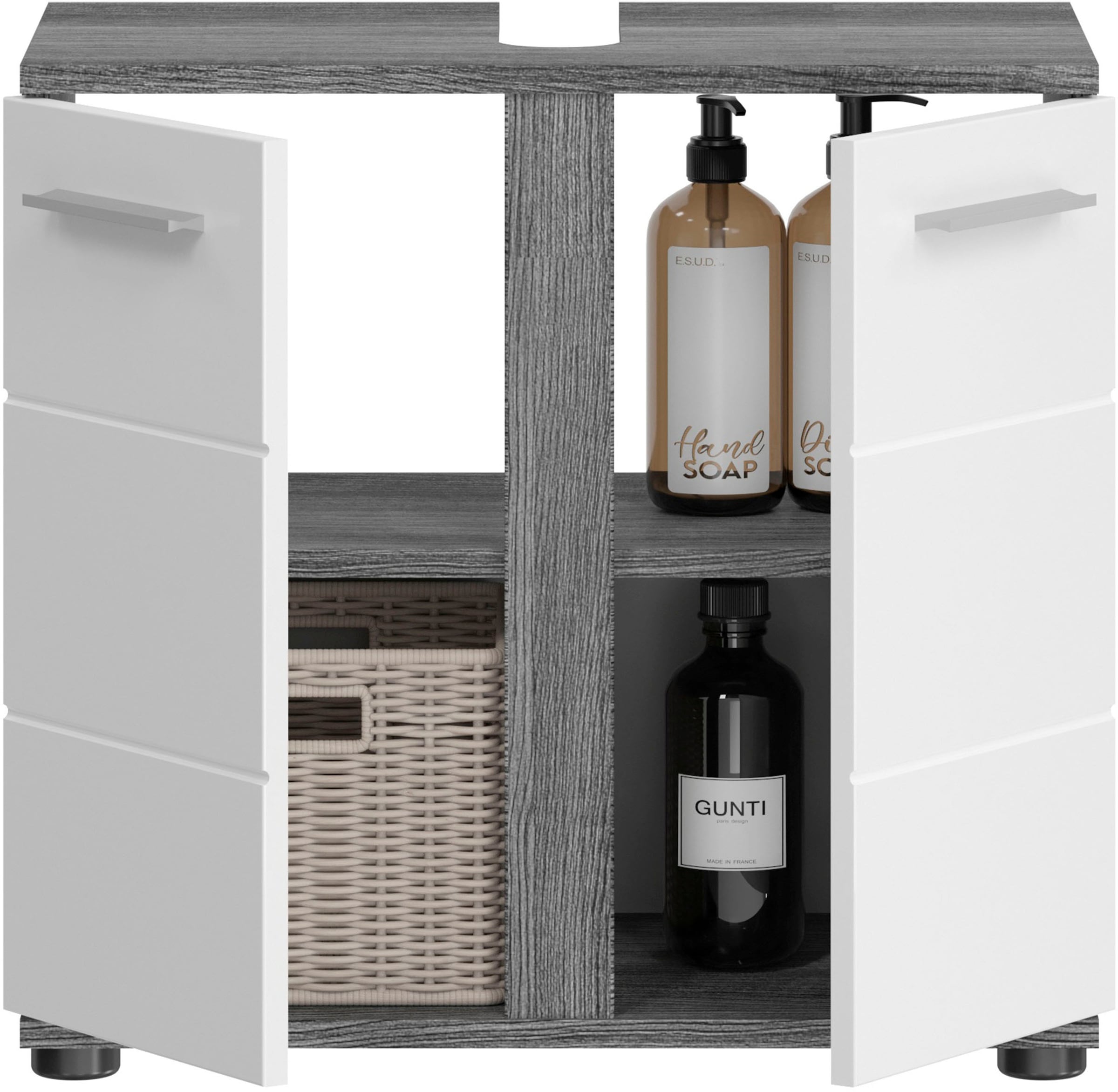 welltime Waschbeckenunterschrank »LUCCA, TOPSELLER!, Breite 60cm, 2 Türen, 2 Fächer,mit Siphonausschnitt«, MDF-Front, Badmöbel, Badschrank, Schrank, Kommode, Bad, Badezimmer