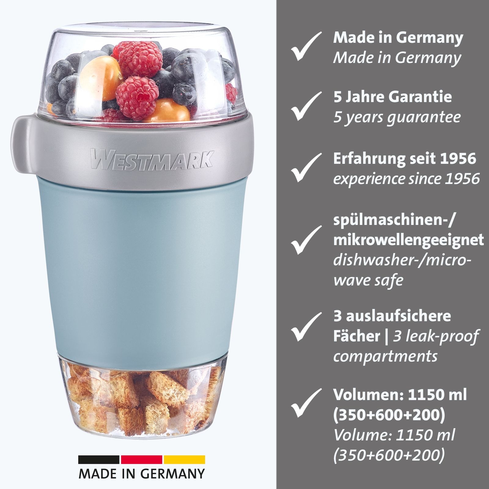 WESTMARK Mehrwegbecher Müsli-, Lunchbehälter, To Go, 200 + 600 + 350 ml, Made in Germany