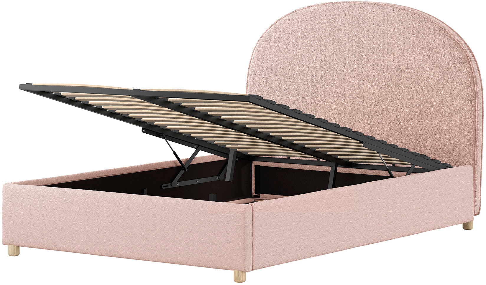 Vipack Boxbett »Moon, mit Lattenrost und Stauraum, modernes Design«, (gerundetes Kopfteil und in 2 Breiten erhältlich), inkl. Massivholz Füßen in natur, 3 Stoff Farben zur Auswahl