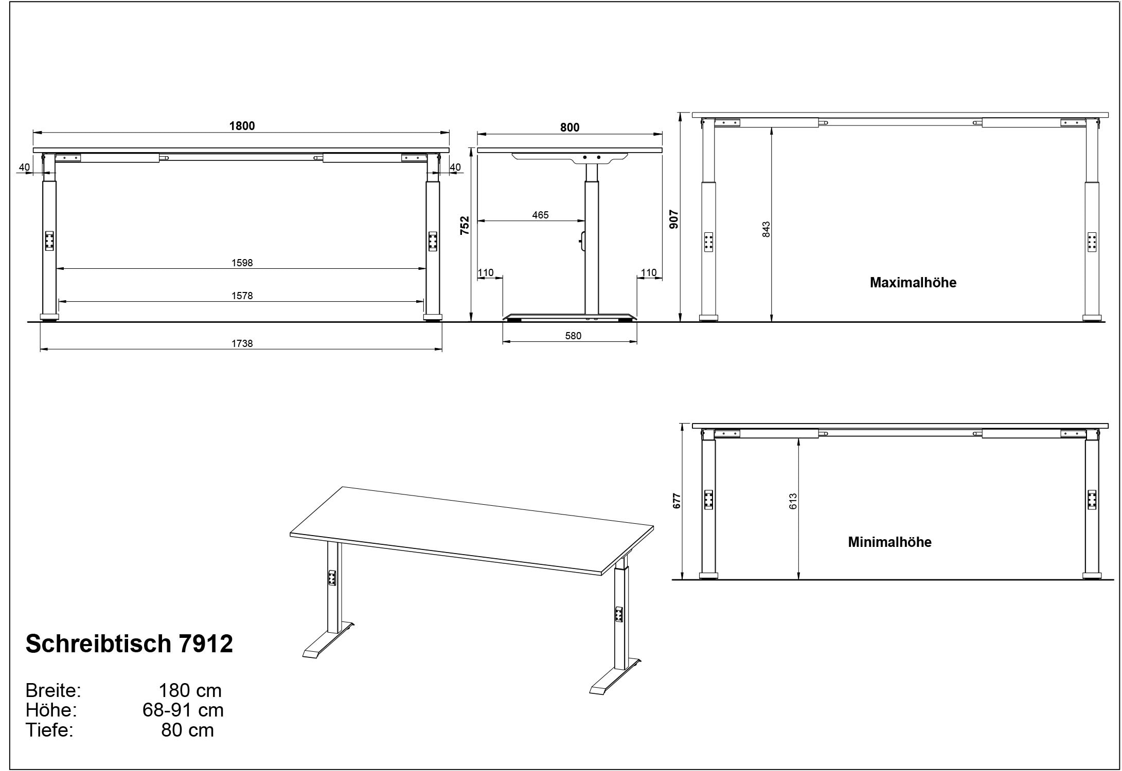 GERMANIA Schreibtisch »Mailand, mechanisch höhenverstellbar,«, in Breitenvariante 120-180 cm, Made in Germany