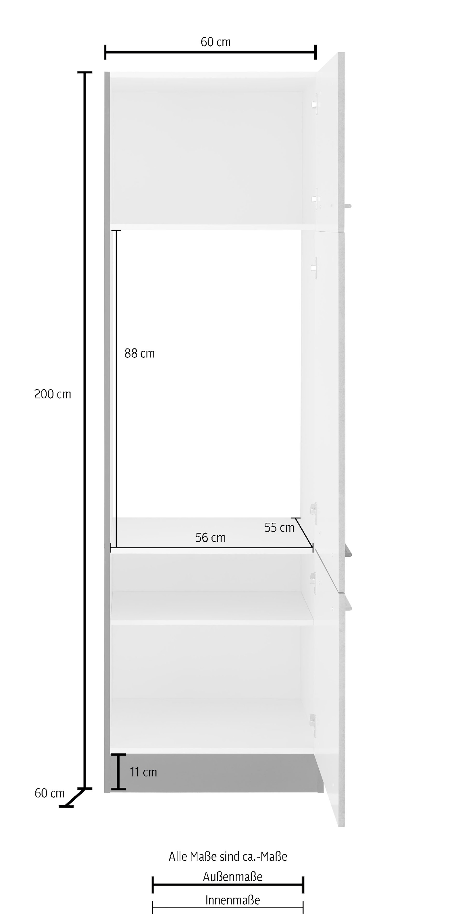 KOCHSTATION Kühlumbauschrank »KS-Tulsa«, 60 cm breit, 200 cm hoch, 3 Türen, schwarzer Metallgriff