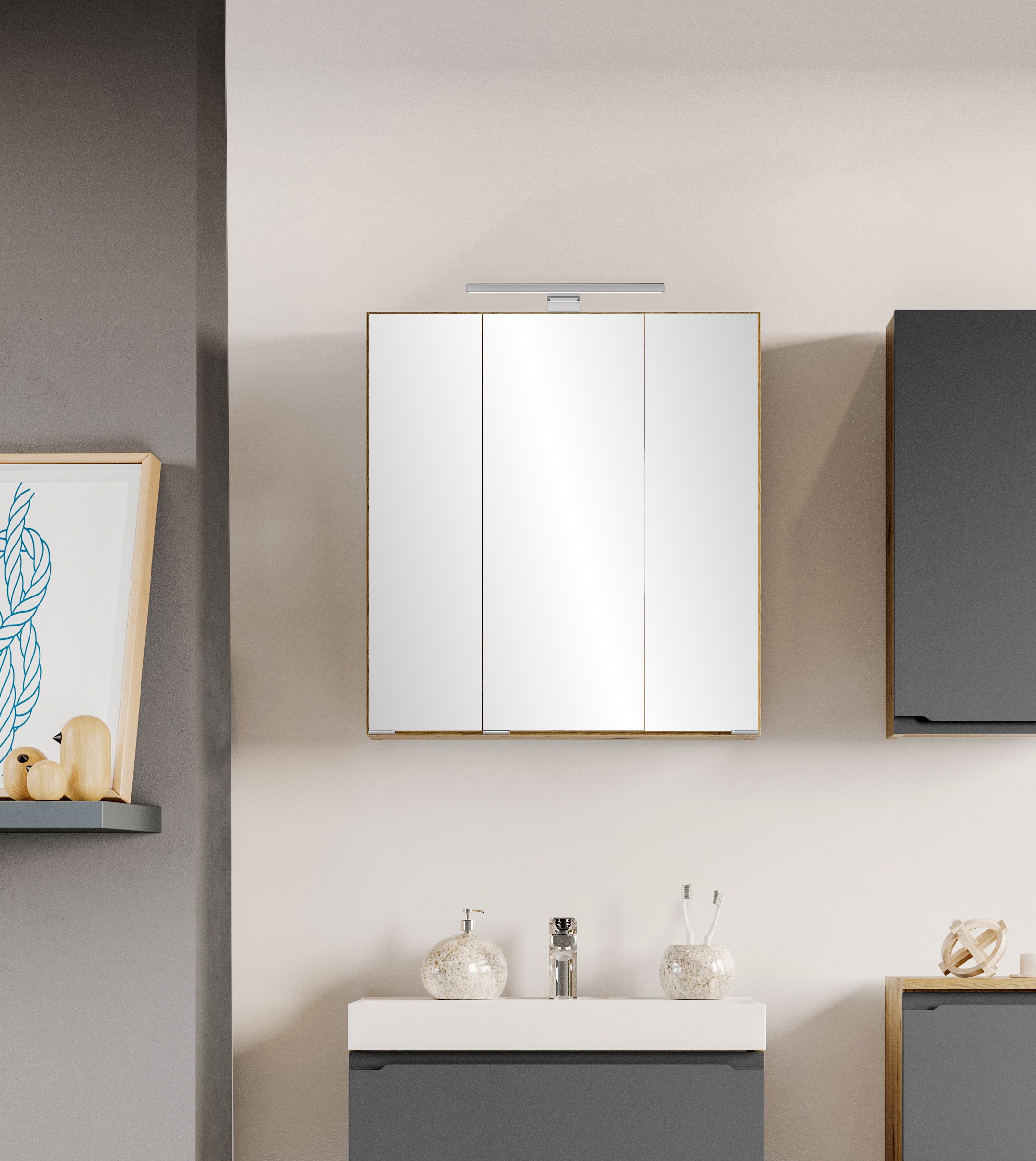 welltime Badezimmerspiegelschrank »CABO, gedämpfte Scharniere« Rundumsicht, dank besonderer Klapptechnik