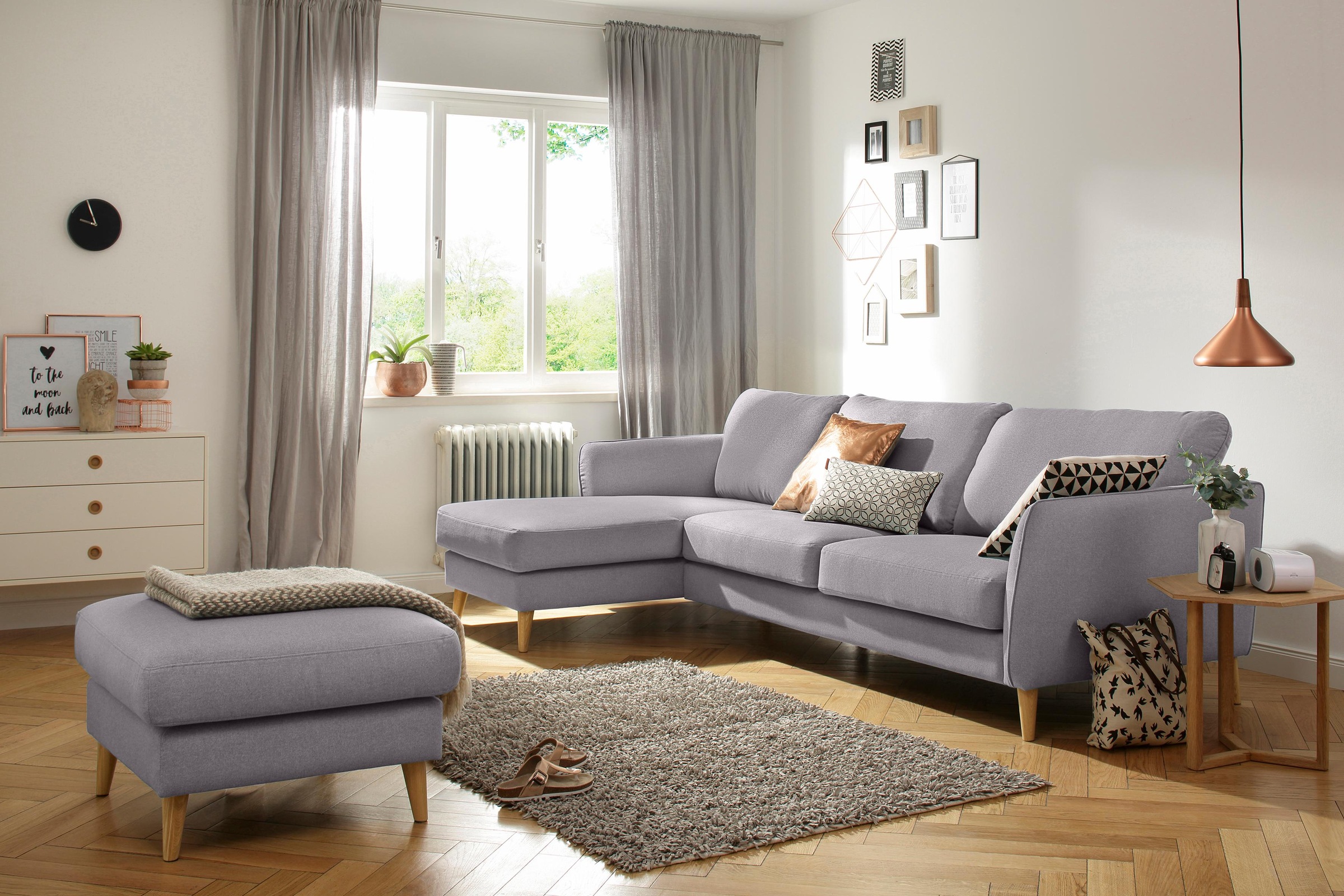 Home affaire Ecksofa »MARSEILLE (279/152cm),L-Form, Rec. rechts/links, verschiedene Bezüge«, Massivholzbeine Eiche, Landhausstil, Wellenunterfederung
