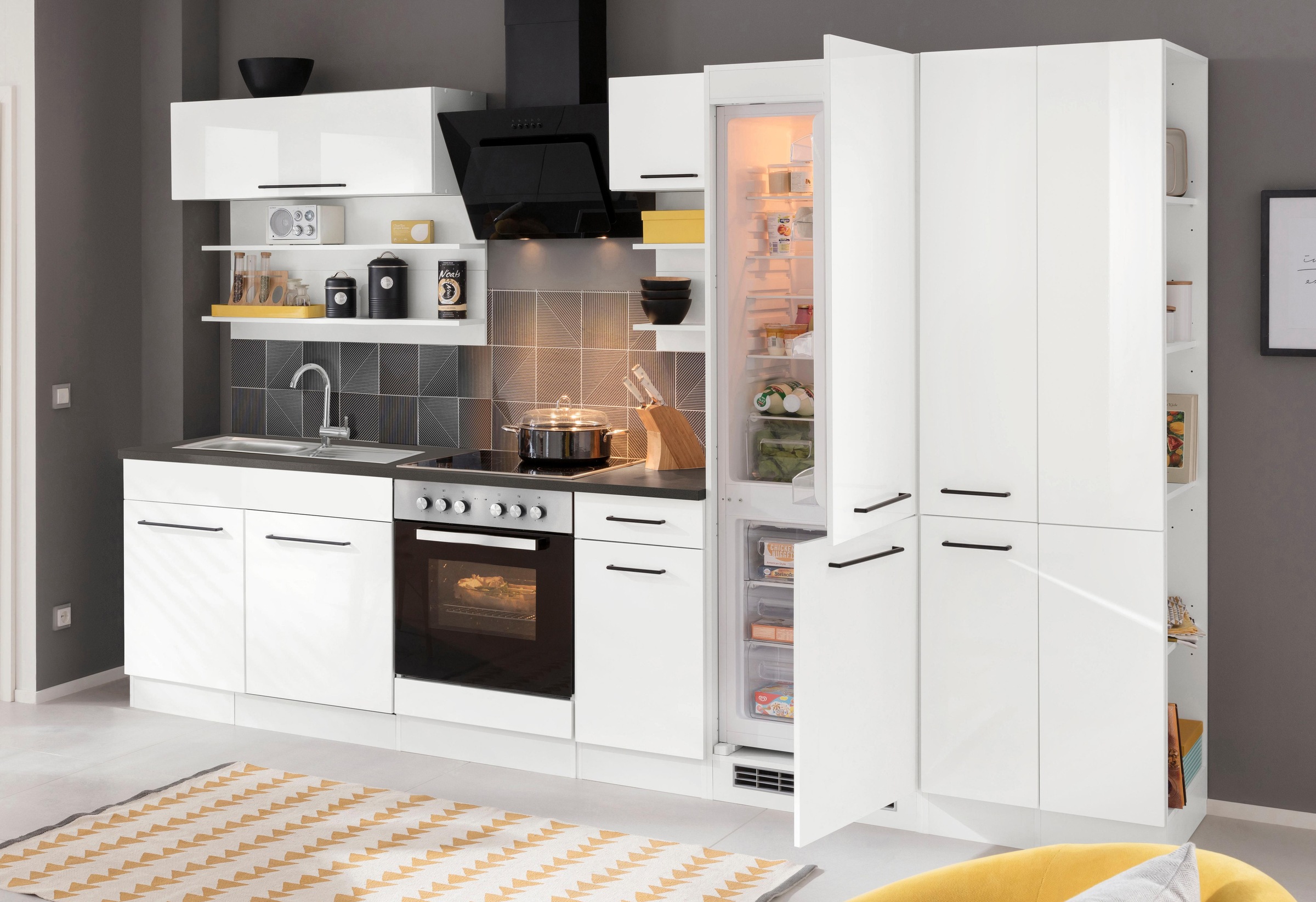 KOCHSTATION Küchenzeile »KS-Tulsa«, mit E-Geräten, Breite 300 cm, schwarze Metallgriffe, MDF Fronten