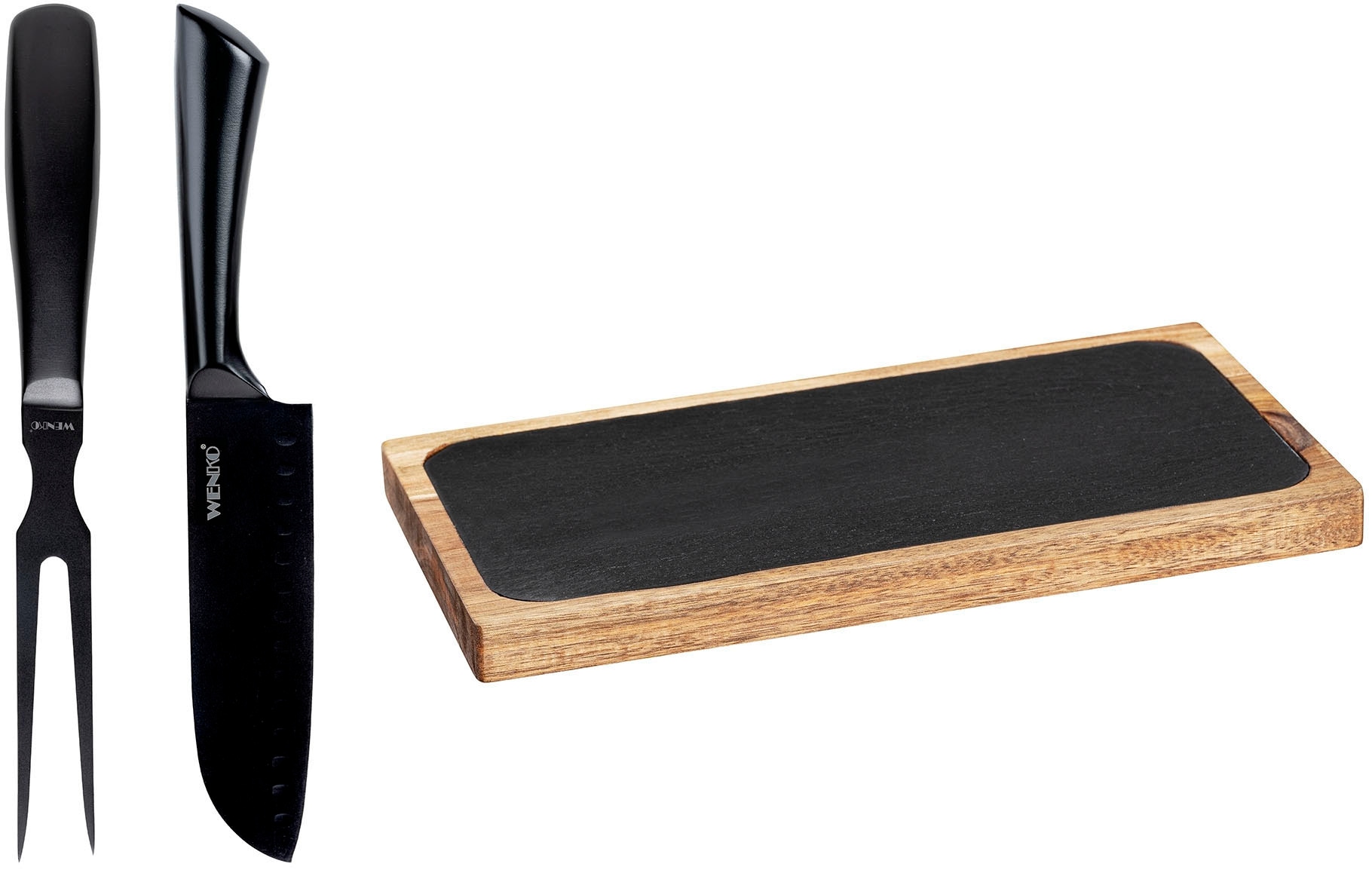 WENKO Servierbrett »Modell Ava mit Fleischgabel & Messer«, (Set, 3 St.), Tranchierset, Schneidebrett aus FSC® zertifiziertem Akazienholz