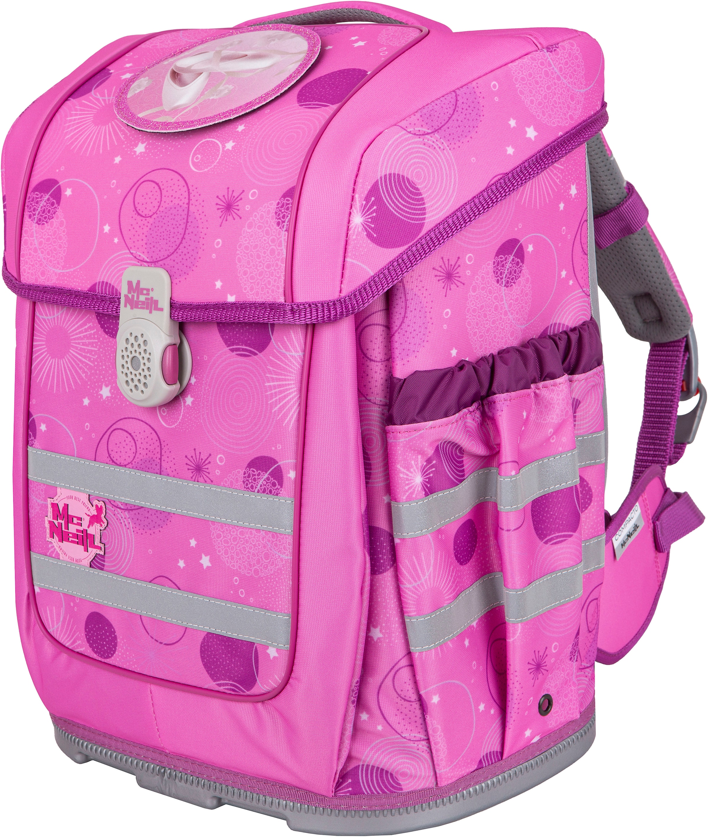 McNeill Schulranzen »Ergo Compacto, Pinky«, reflektierende Streifen auf den Schultergurten-retroreflektierende Flächen, inkl. Federmäppchen, Turnbeutel, Schlamperrolle & Motivmagnet