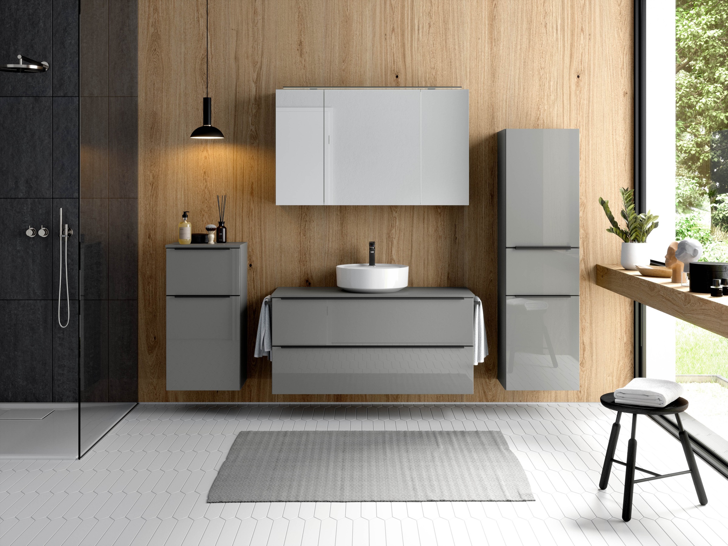 nobilia® Badmöbel-Set »Alvene«, (4 St., vormontiert, mit Soft-Close), inkl. Spiegelschrank mit Beleuchtung und Dimmerfunktion, in 4 Breiten