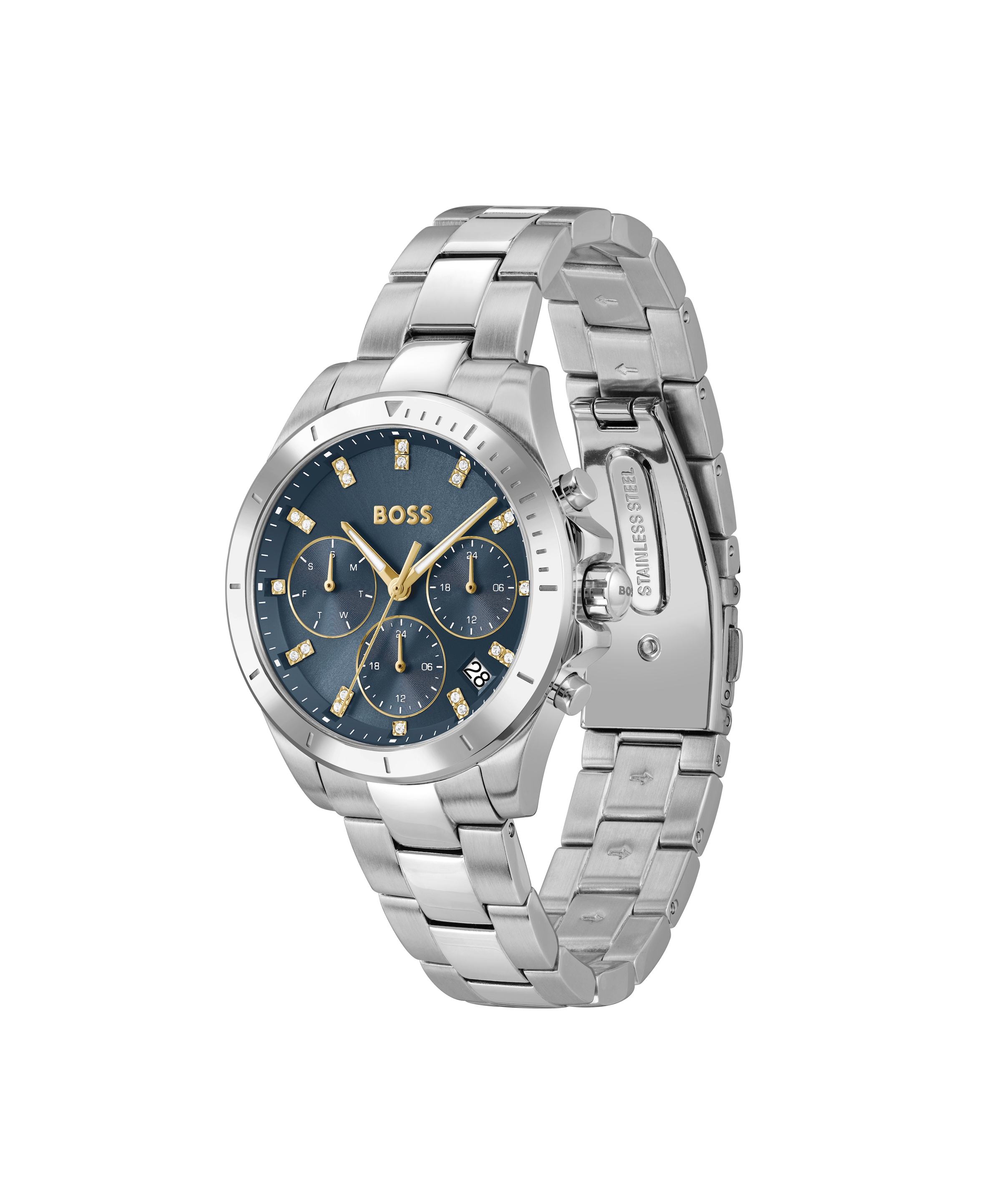 BOSS Multifunktionsuhr »ALLEY« Quarzuhr, Armbanduhr, Damenuhr, Edelstahlarmband, analog, Tag