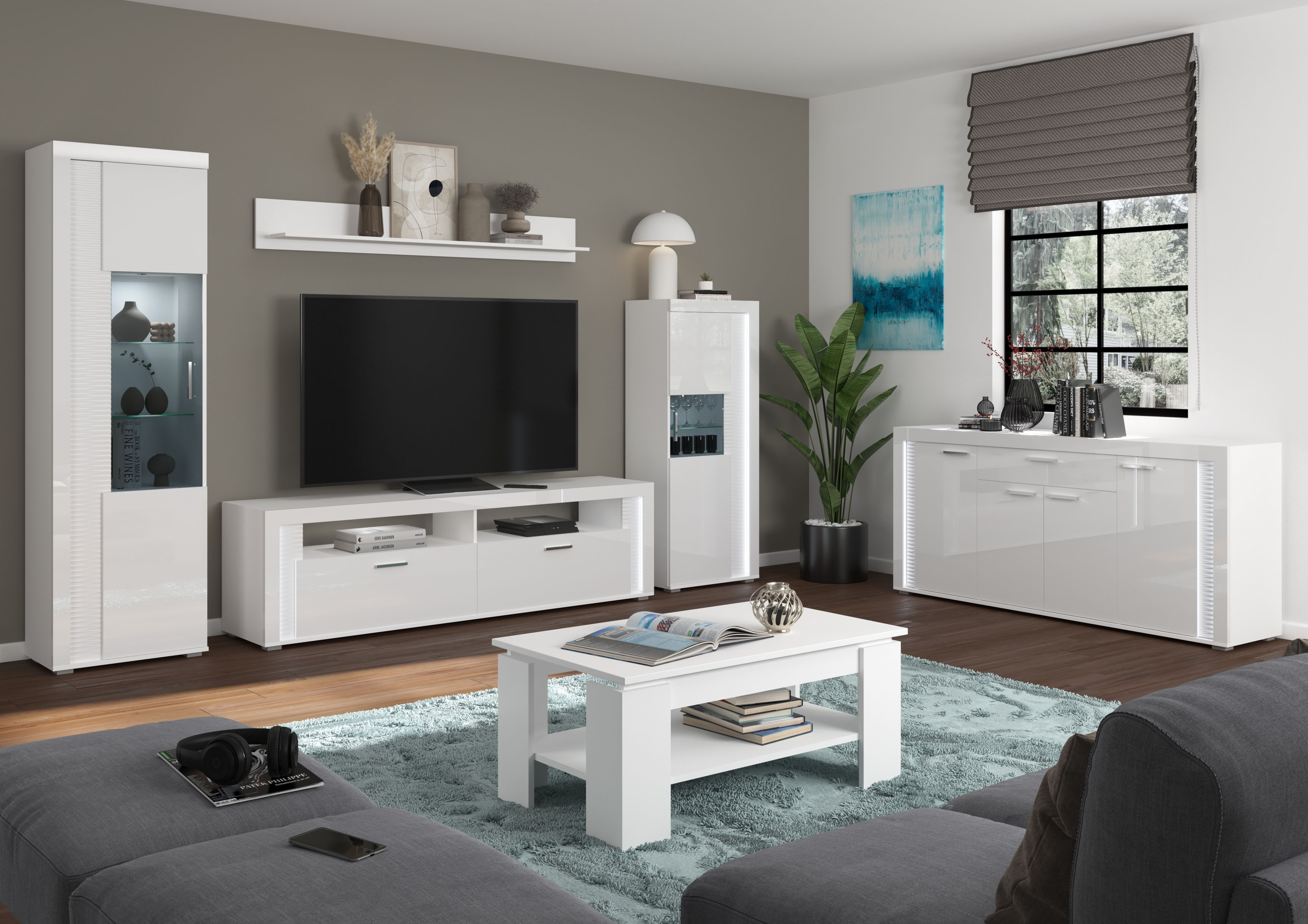 INOSIGN Wohnwand »Viborg, 4-teiliges Set, inkl. vertikaler Frontbeleuchtung günstig online kaufen