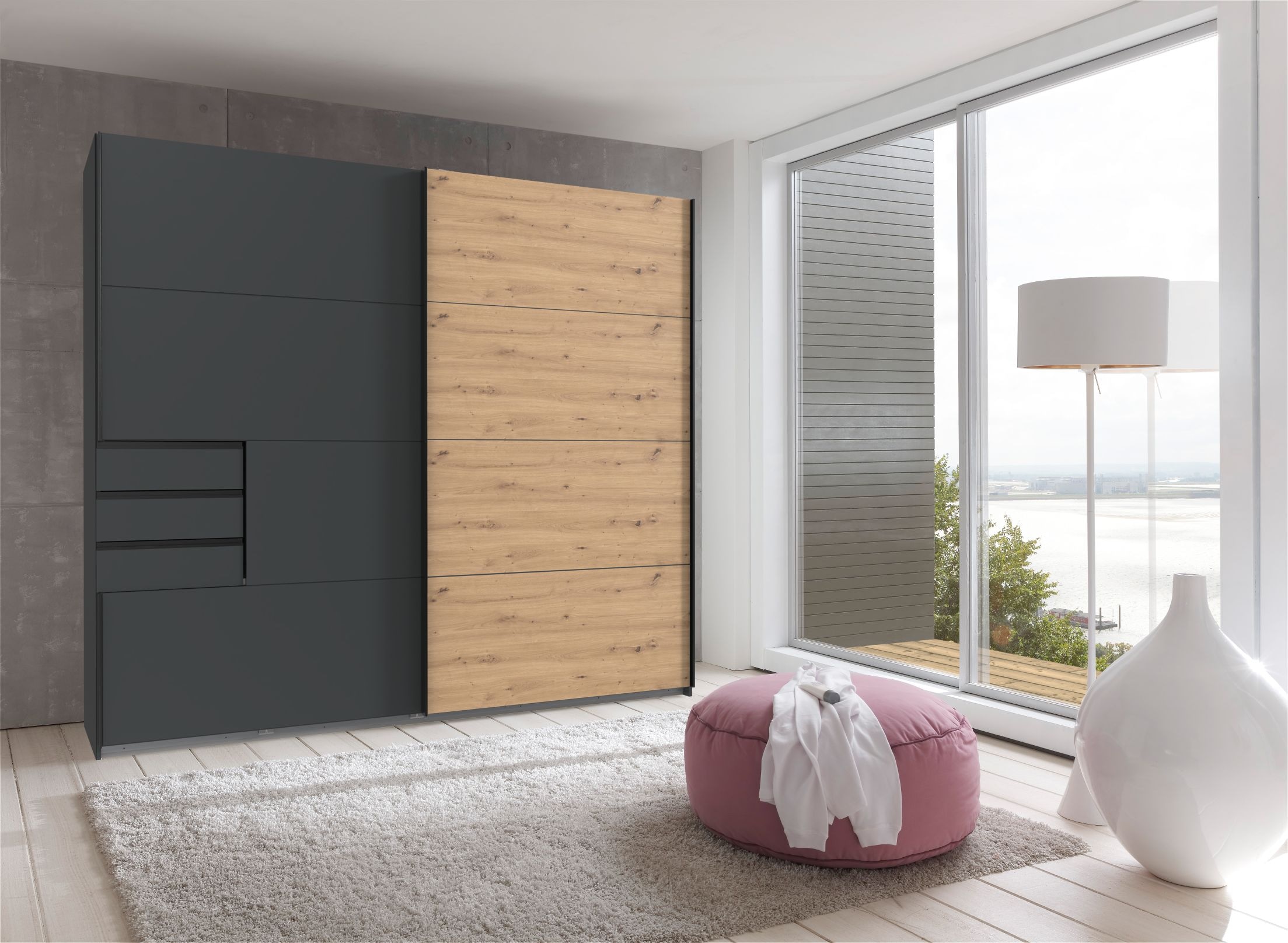 Wimex Schwebetürenschrank »Saigon, mit kompletter Innenausstattung, Made in Germany«, Kleiderschrank 2-türig, 225cm breit, mit 3 praktischen Außenschubladen