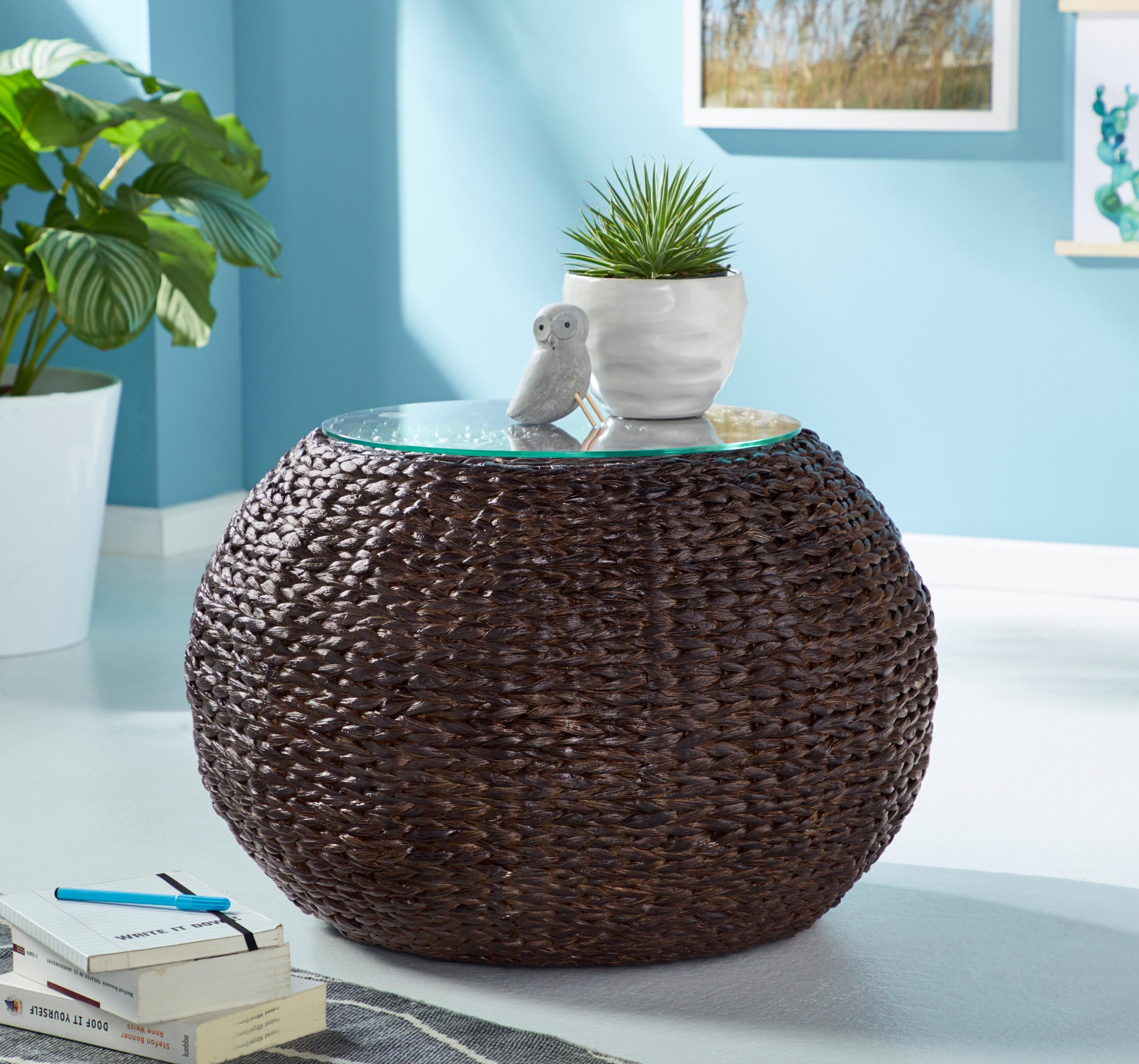 Home affaire Beistelltisch »Cedarville«, aus Wasserhyazinthengeflecht, mit Glastischplatte, Durchmesser 60 cm