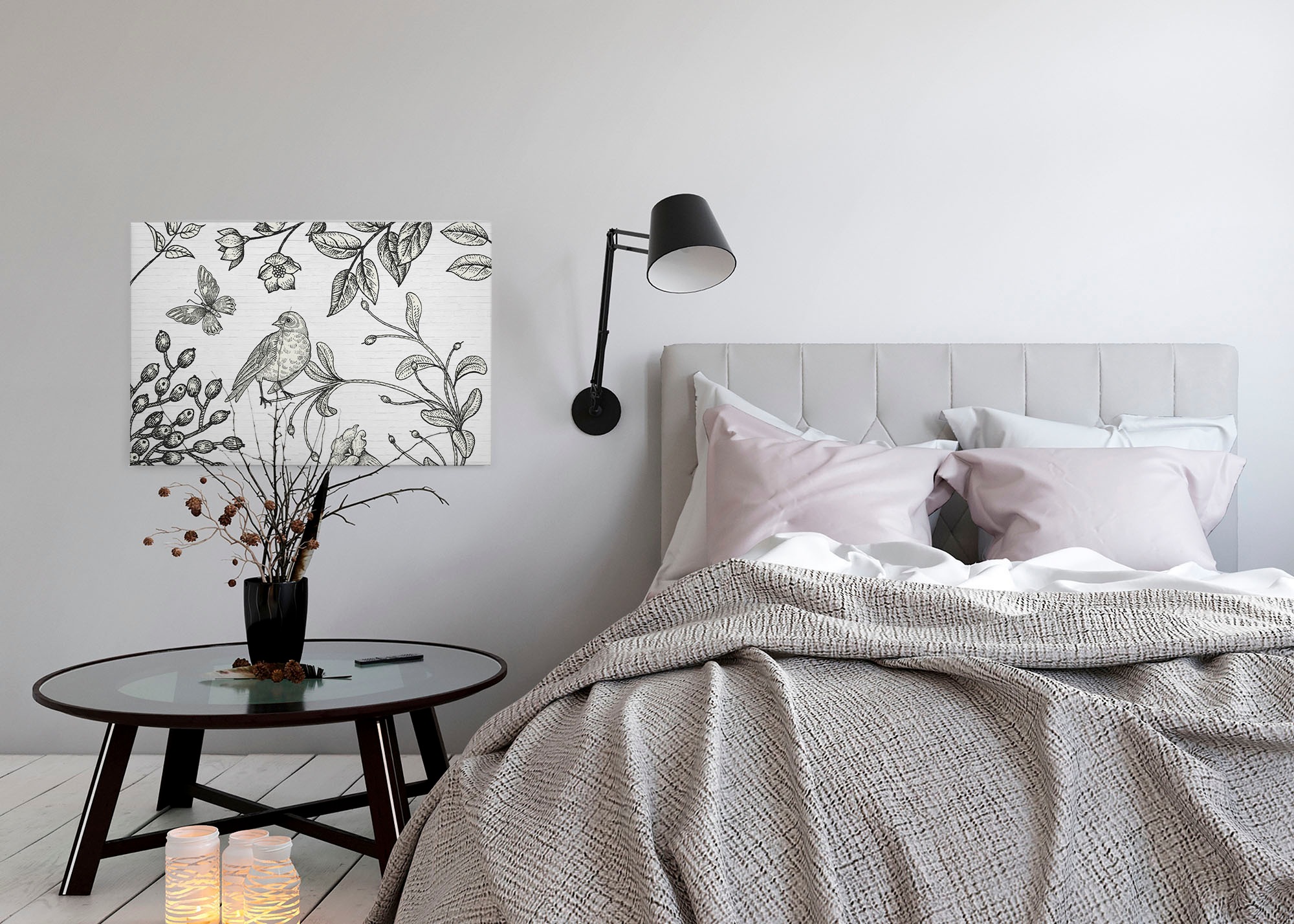 A.S. Création Leinwandbild »birdy« Gemälde | Kunst 1 Stk. tlg. Schwarz-Weiß Zeichnung Floral Keilrahmen Leinwand-Bild Wohnzimmer Wand