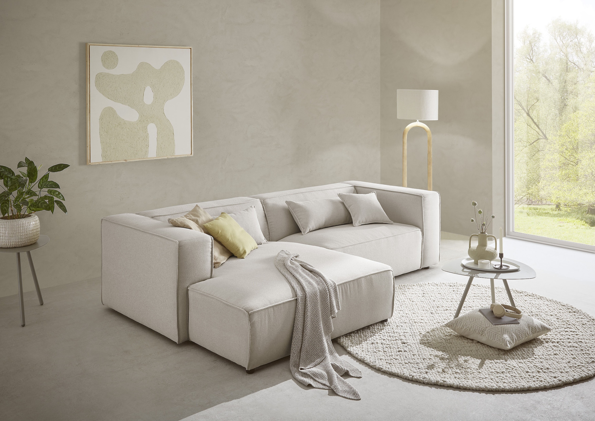 LeGer Home by Lena Gercke Ecksofa »PIARA mit Kedernaht, Cord, Leinenoptik o. Strukturstoff, Couch, L-Form«, wahlweise Ottomane rechts/links, schwarze Füße, bequemer Sitzkomfort