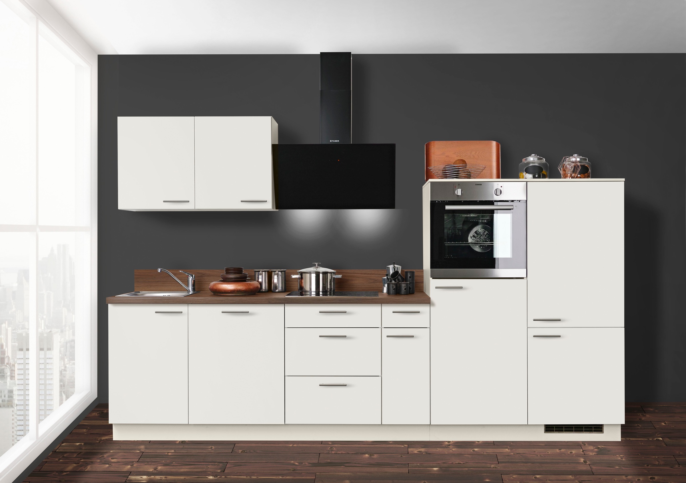 KOCHSTATION Küchenzeile »KS-Scafa, vormontiert, mit höhenverstellbaren Füßen«, vormontiert, wahlweise mit E-Geräten, mit Soft-Close, Breite 320 cm