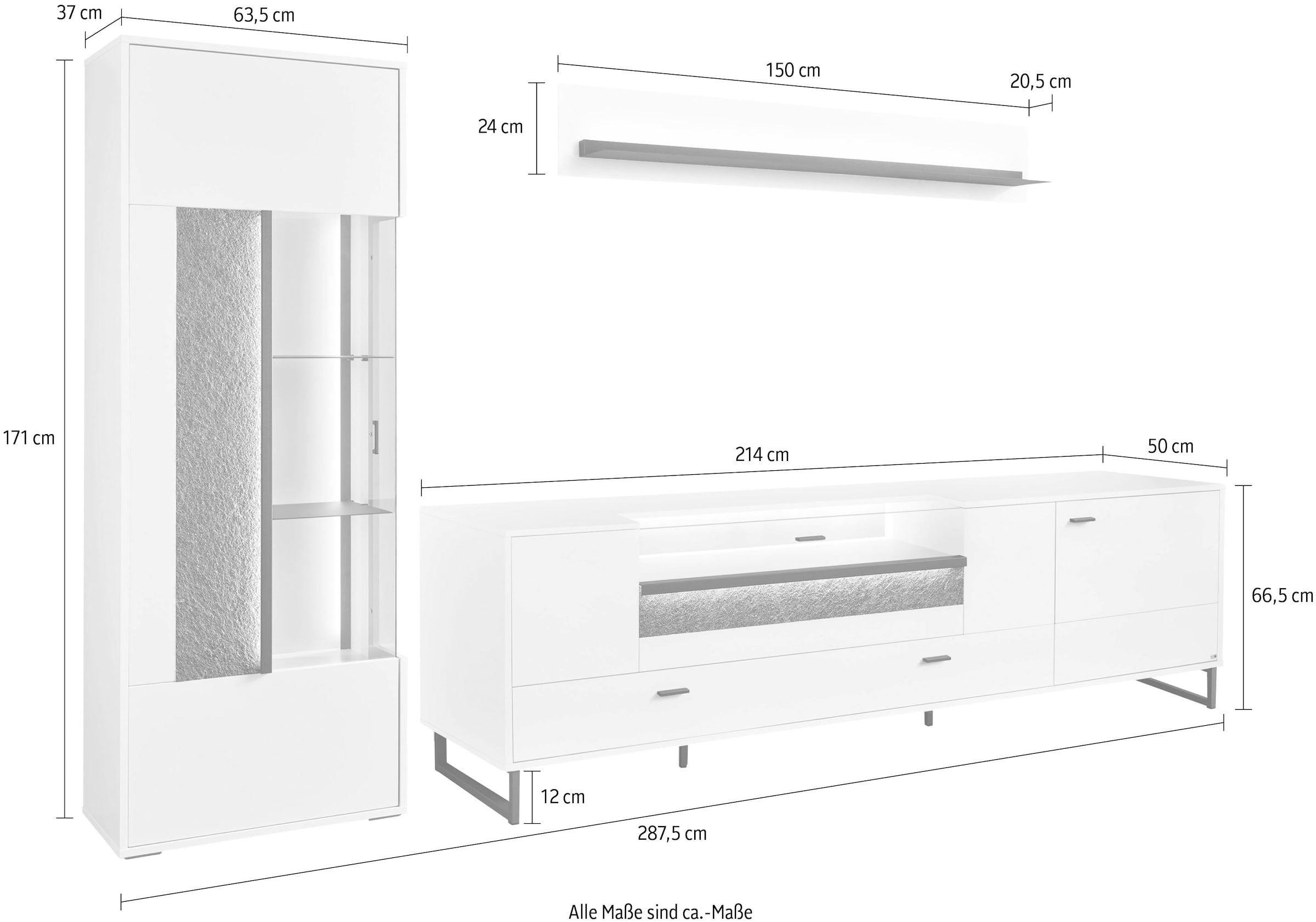set one by Musterring TV-Wand »Deltona«, (3 St.), Zierelemente aus Sandstein, inkl. Beleuchtung, Gesamtbreite ca. 287 cm