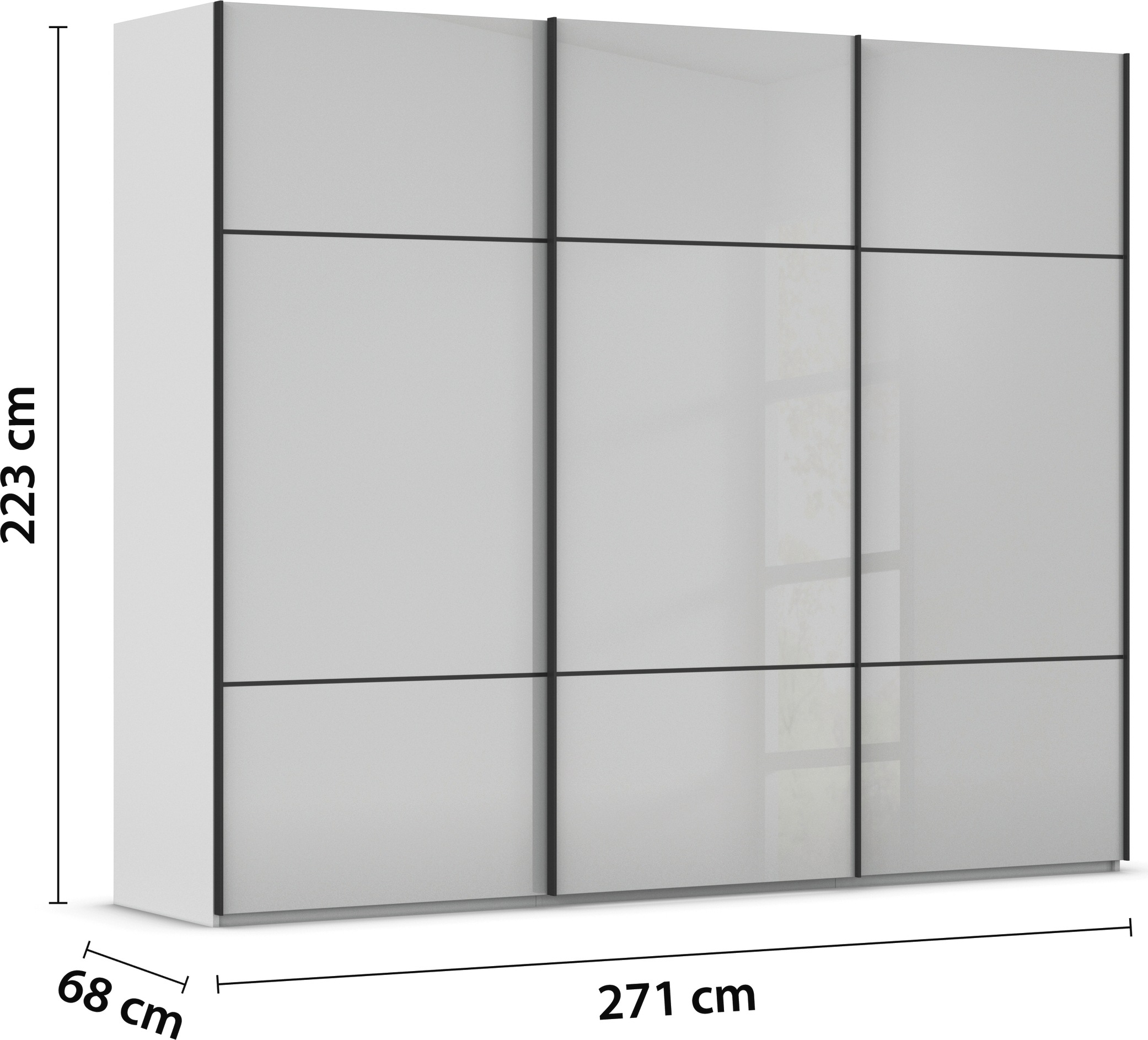 rauch Schwebetürenschrank »Kleiderschrank Schrank Garderobe Schlafzimmerschrank SCALE-TRIO«, edle dreigeteilte Front mit 2 Zierleisten Glasfront MADE IN GERMANY