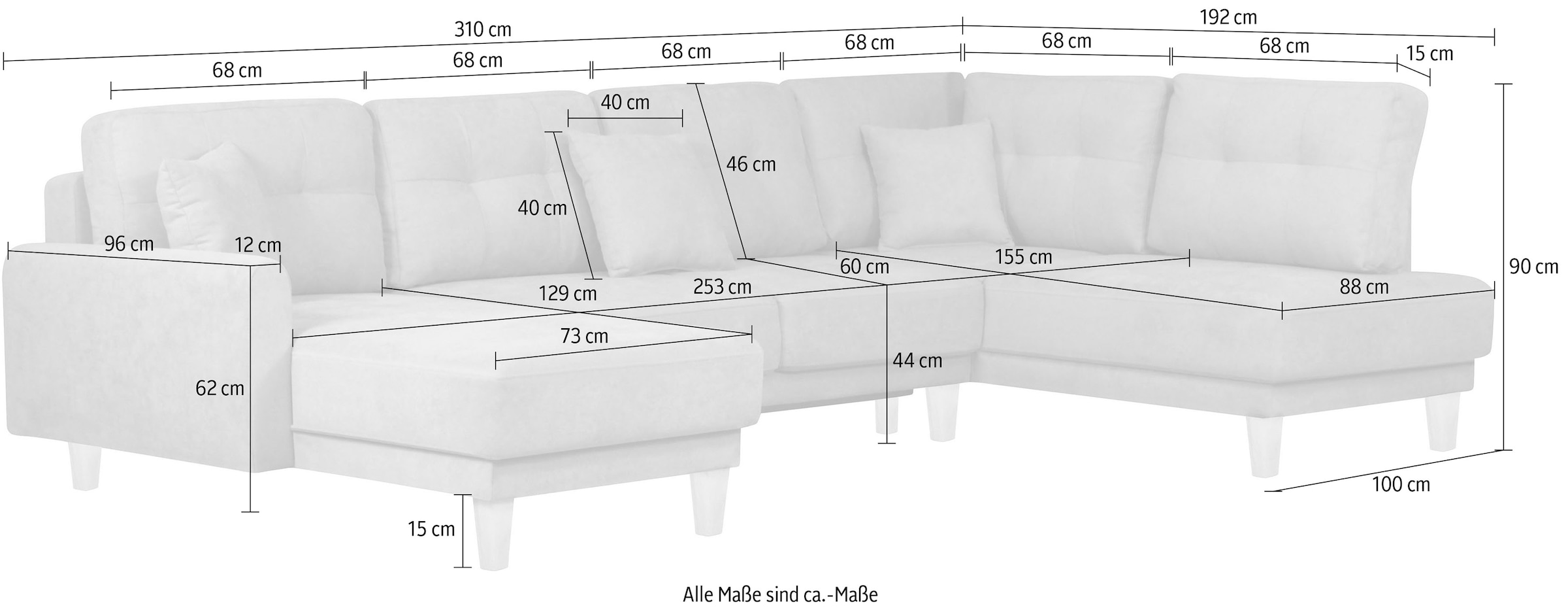 Home affaire Wohnlandschaft »TRIPLO U-Form wahlweise mit Schlaffunktion, B/T/H: 310/192/90 cm«, Schlafsofa, auch mit Bettkasten, Steppung im Rückenkissen